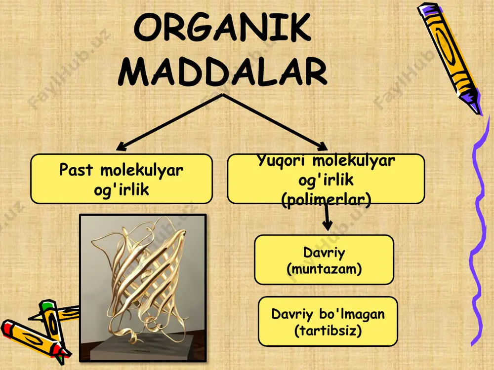 polipeptid zanjiridagi aminokislotalar qoldiqlarining almashinish tartibi. f. sanger - deshifrlangan insulin proteinning ikkilamchi tuzilishi polipeptid zanjirining konformatsiyasi, ya'ni . nh va co guruhlari orasidagi vodorod aloqalari tufayli kosmosda zanjirni burish usuli . proteinning uchinchi darajali tuzilishi - asosan -ss- disulfid ko'priklari, vodorod aloqalari, hidrofobik va ionli o'zaro ta'sirlar natijasida hosil bo'lgan kosmosdagi buralgan spiral shakli. to'rtlamchi oqsil tuzilishi - bir nechta oqsil makromolekulalari agregatlari (oqsil komplekslari) turli polipeptid zanjirlarining o'zaro ta'siri natijasida hosil bo'ladi globulalar ion, gidrofil-gidrofobik va elektrostatik o'zaro ta'sirlar orqali bir-biriga bog'langan. xususiyatlar va funksiyalar oqsillar proteinlarning xossalari eruvchanlik denaturatsiya renaturatsiya qaytariladigan qaytarilmas protein turlari. oddiy (oqsillar) kompleks albuminlar globulinlar gistonlar fibrillar xromoproteinlar glikoproteinlar lipoproteinlar metalloproteinlar fosfoproteinlar sincaplar sharsimon fibrillar inhibitorlar va aktivatorlarning fermentga ta'siri hujayra hayotida oqsillarning roli juda katta. zamonaviy biologiya buni ko'rsatdi organizmlar o'rtasidagi o'xshashlik va farqlar yakunda aniqlanadi oqsillar to'plami. image2.jpeg image3.jpeg image4.png image5.png image6.emf image7.emf image8.emf oleobject1.bin oleobject2.bin oleobject3.bin image9.emf image10.emf oleobject4.bin oleobject5.bin …