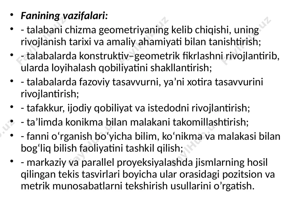 proyeksiyalanish jarayonida o‘zgarmagan xususiyatlari ularning invariant xossalari deb yuritiladi. buyumning bitta ortogonal proyeksiyasi bilan uning fazodagi vaziyatini aniqlab bo‘lmaydi. buning uchun biror ko‘shimcha shart kiritish zarur. bunday qo‘shimcha shart sifatida birinchi proyeksiyalar tekisligiga perpendikulyar bo‘lgan ikkinchi tekislikka buyumning tasvirini olish mumkin. bu ikki proyeksiyalar tekisligidagi tasvirlar buyumning fazodagi vaziyatini aniqlaydi. ortogonal proyeksiyalash usuli texnik chizmalarni chizishda, inshootlarni loyihalashda eng ko‘p qo‘llaniladi. bu usul tasvirning yaqqolligini bermasa ham, grafik ishlarni qulayroq qilib, aniq bajarilishini ta’minlaydi va buyumlarning tekislikdagi tasvirlari orqali ularning o‘lchamlarini oson va qulay aniqlaydi. texnik chizmalarni tuzishda proyeksiyalanuvchi buyumni o‘zaro perpendikulyar tekisliklarga nisbatan shunday joylashtirish kerakki, unda buyumning asosiy o‘q va tekisliklari hususiy holda bo’lishi lozim. № proektsiyalash usullari va xossalarining tasviri proektsiyalash usullari va xossalari to’g`ri javob umumiy vaziyatdagi to’g`ri chiziqning markaziy va parallel proektsiyasi to’g`ri chiziq bo’ladi parallel proektsiyalash usuli apparati markaziy proektsiyalash markaziy proektsiyalash usuli apparati egri chiziqning parallel proektsiyasi egri chiziq bo’ladi. xususiy vaziyatdagi to’g`ri …