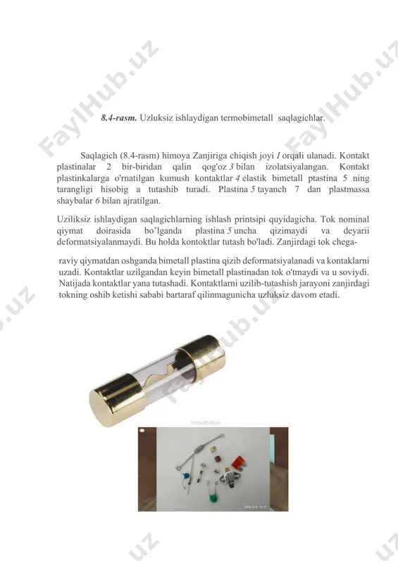 mumkin.[1] avtomobil elektr tarmoqlarini me'yoridan ortiq yuklamalar va qisqa tutashuvlardan asrash uchun ularga saqlagichlar qo'yiladi. dvigatelni ishga tushirish va o't oldirish tizimlaridan boshqa barcha zanjirlar saqlagichlar bilan himoyalanadi. avtomobillarda asosan eruvchan va termobimetall saqlagichlar ishlatiladi. saqlagichlarni tanlashda ularning ta'sirlanish tezilgi, nominal va kritik toklarning nisbati hisobga olinadi. saqlagichlarning asosiy tavsifnomasi - saqlagichning ta'sirlanish vaqtini yuklama tokiga bog'liqligidir. agar saqlagichning ta'sirlanish vaqti, o'tkazgichning haroratini chegaraviy temperaturagacha ko'tarilish (qisqa tutashuv toki ta'sirida) vaqtidan kam bo'lsa, bunday saqlagich ushbu zanjirni ishonchli himoya qilinishini ta'minlaydi. eruvchan saqlagichlar yengil eruvchi metal yoki kesimi kichik bo'lgan qalaylangan mis simi qistirmaga ega. nominal tok qiymati 50% oshganda eruvchan qistirma i minut davomida erib ketadi. ishlatish quliay bo'lishi uchun eruvchan saqlagichlar uchta va undan ortiq saqlagichlarga ega bo'lgan bloklarga birlashtiriladi. termobimetall saqlagichlar. avtomobillarda uzluksiz va bir marta ishlaydigan termobimelall saqlagichlar ishlatiladi. bu turdagi saqlagichlar yuklama nominal qiymatidan 150% ga ortganda zanjirni uzadi. saqlagich ta'sirlashish vaqti 20 s dan …