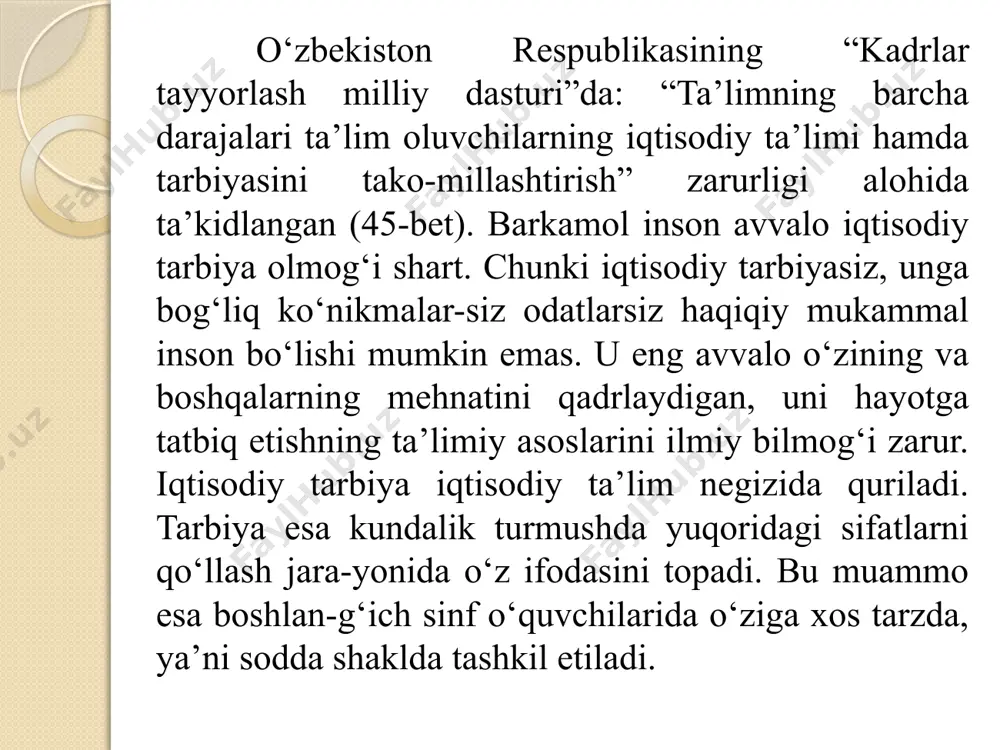 b o‘quvchilari ekologik tarbiya jarayonida quyidagilarni bilishlari zarur: tabiat haqida tushuncha, tabiiy muhit, tabiiy omillar va ular orasidagi bog‘lanish; atrof-muhitni ifloslanishdan saqlash; tabiat boyliklaridan tejab-tergab foydalanish va ularni muhofaza qilish; tabiatni kelajak avlodlar uchun tabiiy holda qoldirishga intilish. xaydarova zarifa pedagogika fakulteti, pedagogika yo‘nalishi, ped-au-22 guruh talabasi e’tiboringiz uchun rahmat!!! /docprops/thumbnail.jpeg