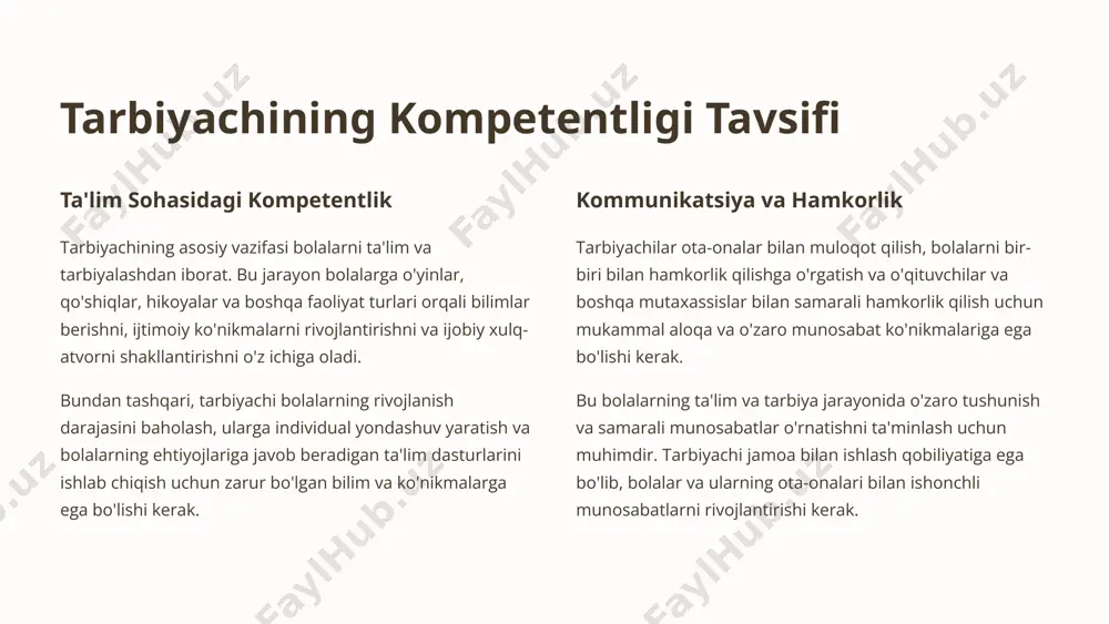 , ularga yordam berish 4 baholash olingan natijalarni baholash, bolalarning rivojlanishini kuzatish, faoliyatni takomillashtirish tarbiyachi mashg'ulotni o'tkazishdan oldin, kerakli materiallarni to'plash va bolalarning xavfsizligini ta'minlashga e'tibor berishi kerak. mashg'ulot davomida bolalarning faoliyatini rag'batlantirish, ularga yordam berish va ijodiy fikrlashni rivojlantirish muhimdir. mashg'ulotning oxirida tarbiyachi bolalarning ishlarini baholash, ularning yutuqlarini qayd etish va keyingi mashg'ulotlar uchun rejalashtirish kerak. 7 tasviriy faoliyat mashg'ulotlaridan olingan natijalarni baholash tasviriy faoliyat mashg'ulotlaridan olingan natijalarni baholash, bolalarning rivojlanishini kuzatish va ularning ijodiy qobiliyatlarini aniqlashda muhim rol o'ynaydi. tarbiyachilar bolalarning rasmlarini, haykallarini, qo'l san'atlarini tahlil qilib, ularning ranglar, shakllar, materiallar bilan ishlash ko'nikmalarini baholashi mumkin. baholashning natijalariga ko'ra, tarbiyachilar bolalarning individual xususiyatlarini hisobga olgan holda, tasviriy faoliyat mashg'ulotlarini to'g'rilash va takomillashtirishga yo'naltirilgan choralarni ko'rishi mumkin. masalan, ba'zi bolalar ranglarni aralashtirishda qiyinchiliklarga duch kelishi mumkin, boshqalari esa kompozitsiyani tuzishda qiyinchiliklarga duch kelishi mumkin. ushbu qiyinchiliklarni aniqlash va ularni bartaraf etish uchun tarbiyachilar qo'shimcha mashg'ulotlar o'tkazishi va bolalarga kerakli …