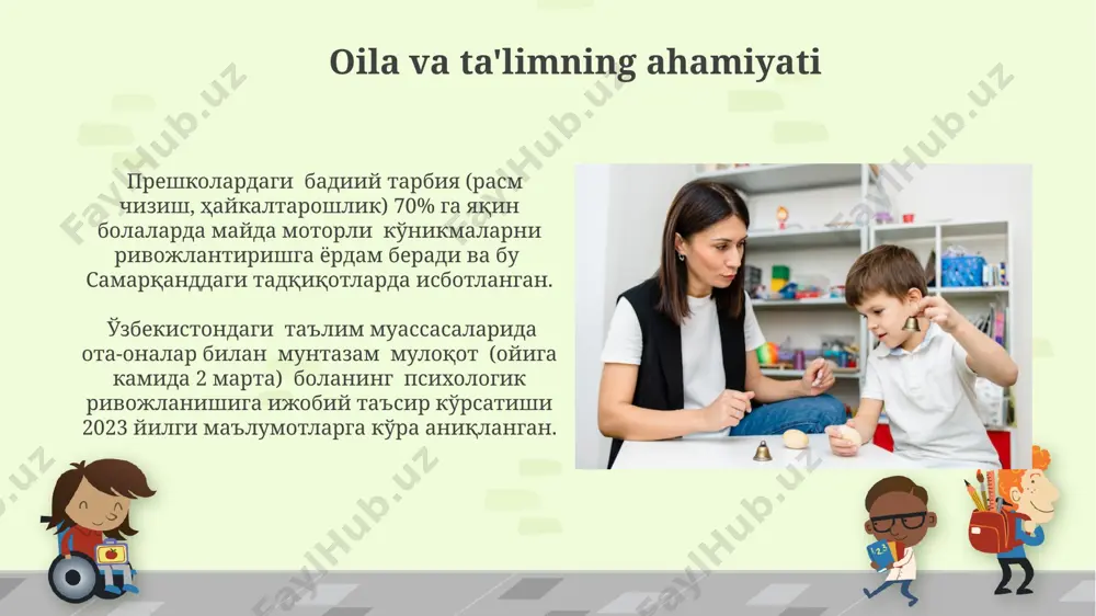 a 30% hollarda hamkorlik kuzatiladi, bu esa samarqanddagi tadqiqotlar natijalariga ko'ra, ijtimoiy-emotsional rivojlanishning muhim jihati hisoblanadi. xayol va ijodiy qobiliyatlar прескол ёшидаги болаларнинг мусиқага бўлган сезувчанлиги юқори, 70% дан ортиқ болалар 4 ёшгача мусиқий ижрога қизиқиш билдиради ва самарқандда ўтказилган экспериментлар буни исботлайди. 3-5 ёшли болаларда тасвирий санъат орқали ўзларини ифода этиш қобилияти юқори бўлиб, бу ёшдаги 20-30% болаларда ноёб ижодий ёндашувлар кузатилади, хусусан, тошкент шаҳридаги тадқиқотлар буни тасдиқлайди. maktabga tayyorgarlik maktabga tayyorgarlik davrida 5-6 yoshli bolalarda 70% ga yaqini o'z-o'zini boshqarish qobiliyatini rivojlantirishda qiyinchiliklarga duch keladi, bu esa samarqanddagi ta’lim muassasalarida kuzatilgan statistik ma’lumotlarga asoslanadi. maktabga tayyorgarlik jarayonida ota-onalarning bolalar bilan o'tkazgan vaqti va ularning o'zaro munosabatlari muhim ahamiyat kasb etadi, chunki 2-3 soatlik muntazam mashg'ulotlar 90% ga yaqin ijobiy natijalar beradi, bu andijon shahrida o'tkazilgan tajribadan kelib chiqadi. shaxsiyatning shakllanishi 3-5 ёшли болаларда ўзликни англаш жараёни фаол бўлиб, улар ўзларини бошқалар билан солиштириш орқали, масалан, ўйинчоқлари ва кийимлари …