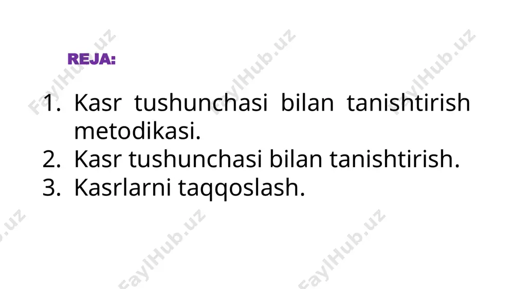 damida ulushlarni hosil qiladilar, hamda uning ba’zi xossalarini keltirib chiqaradilar. masalan, kvadratni teng 4 boʻlakka boʻlishda, uni ikkita yoʻl bilan boʻlib, burchaklarining oʻzaro tengligiga, hamda tomonlarining ham oʻzaro tengligiga asoslanib, shuningdek kvadrat simmetriyasi haqida tasavvurlarga ega boʻladilar. shuningdek, boshqa oʻquvchilarga doirani, ba’zilariga toʻgʻri toʻrtburchakni 4 boʻlakka boʻlish topshiriladi. bundan keyingi ish teng boʻlaklarga boʻlingan ulushlardan bittasini, ikkitasini, uchtasini olib ularni qanday sonlar bilan yozish mumkinligi oʻqitiladi. kasrlarni ikkidan bir, uchdan bir, toʻrtdan bir kabi oʻqish va 1/2, 1/3, 1/4 larga narsalarni qanday boʻlib, qancha qismi olinayotanligi orasidagi bogʻlanishni hosil qilish lozim. shu asosda surat va maxraj hamda kasr kabi yangi terminlar kiritmasdan oʻqiladi. lekin chiziq chizish, chiziqning pastida butunni nechaga boʻlgan son, yuqorisiga necha ulushni olgan son yozilishi tushuntiriladi. “ulushlar” mavzusida figuralarni teng boʻlaklarga boʻlish asosida ulushlarni taqqoslash ham tushuntiriladi. masalan, oʻqituvchi 5 ta bir xil toʻgʻri toʻrtburchakli qogʻozdan yoʻlakchali qilib qirqishni taklif qiladi. 3-sinfda sonning ulushini topishni amaliy masalalardan …