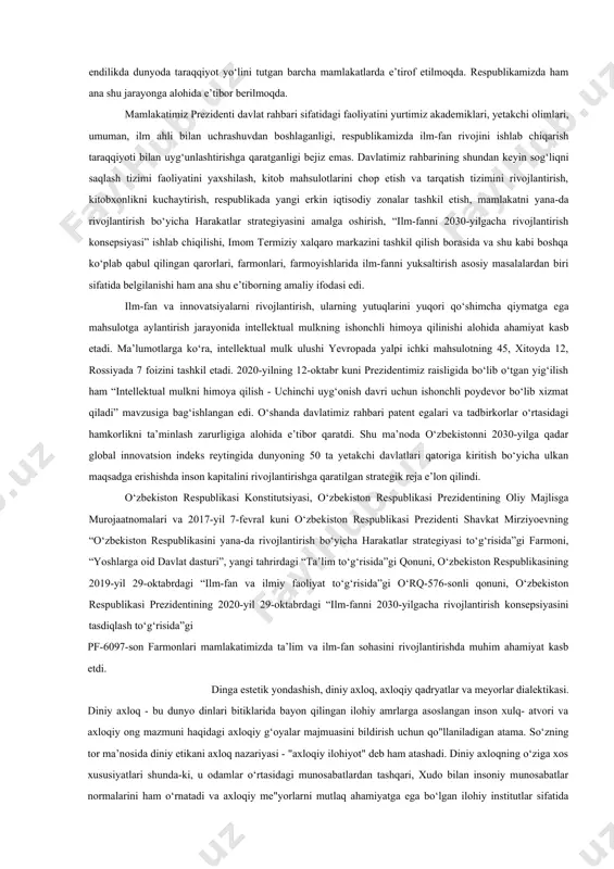 h integratsiyasini rivojlantirish singari vazifalar asos qilib olindi. konsepsiya mazmuni mamlakatimiz oliy ta’lim tizimini isloh qilishning ustuvor yo‘nalishlarini aks ettiradi. unda oliy o‘quv yurtlarida qamrov darajasini kengaytirish hamda ta’lim sifatini oshirish, raqamli texnologiyalar va ta’lim platformalarini joriy etish, yoshlarni ilmiy faoliyatga jalb qilish, innovatsion tuzilmalarni shakllantirish, ilmiy tadqiqotlar natijalarini tijoratlashtirish, xalqaro e’tirofga erishish hamda boshqa ko‘plab aniq yo‘nalishlar belgilab berilgan. bularning barchasi ta’lim jarayonini yangi sifat bosqichiga ko‘tarish uchun xizmat qiladi. bugungi kunda yangi-yangi oliy o‘quv yurtlari, dunyodagi yetakchi universitetlarning filiallari tashkil etilmoqda. misol uchun, so‘nggi 5 yilda mamlakatimizda 47 ta yangi oliy ta’lim muassasasi, jumladan, xorijiy universitetlarning filiallari tashkil etilib, oliy o‘quv yurtlarining soni 125 taga yetdi. davlat-xususiy sheriklik tizimi asosida nodavlat oliy ta’lim muassasalari faoliyati yo‘lga qo‘yilyapti. aholi fikrini o‘rgangan holda, sirtqi va kechki ta’lim shakllari qayta tiklandi, qabul kvotalari oshirilyapti. maktab bitiruvchilarini oliy ta’limga qamrab olish darajasi 2016-yilgi 9 foizdan 2020-yilda 25 foizga yetdi. professor-o‘qituvchilarning xorijdagi oliy …