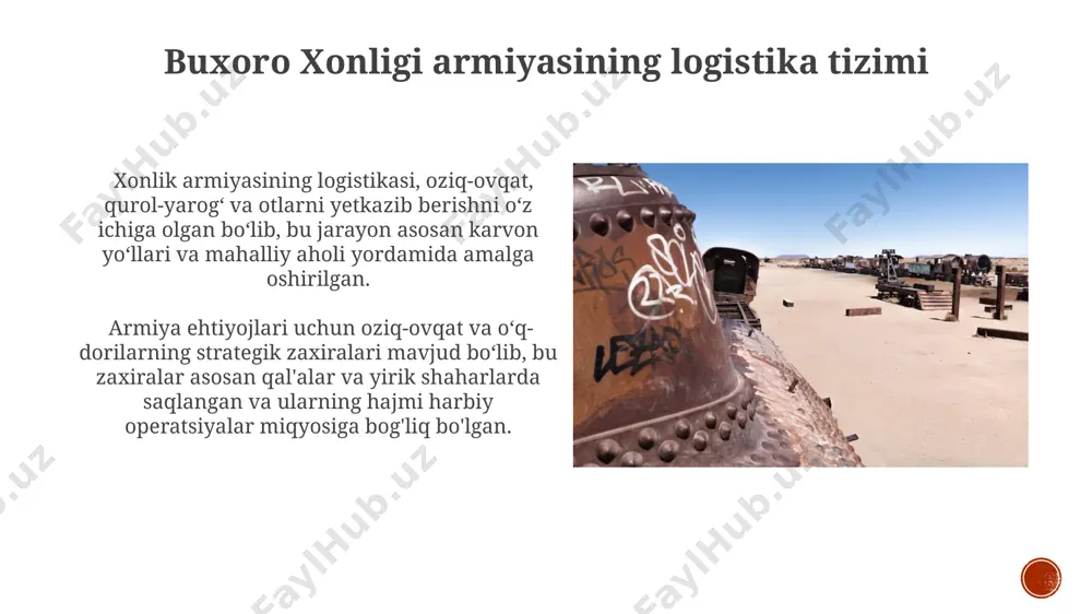 muntazam qoʻshin (qoʻshinchilar) va vaqtinchalik yigʻilgan lashkarlardan tashkil topgan boʻlib, ularda 10-20 minggacha askar boʻlishi mumkin edi. buxoro xonligi armiyasining taniqli janglari buxoro amirligi qo‘shinlari 1868 yilda yangi marg‘ilon jangida qo‘qon xonligi armiyasi bilan to‘qnash kelgan va 15000 kishilik qo‘shin bilan og‘ir mag‘lubiyatga uchragan. 1820-yillarda buxoro amirligi qo‘shinlari turkman qabilalariga qarshi bir qancha muvaffaqiyatli harbiy yurishlar o‘tkazib, ularning hujumlarini qaytargan va hududlarini himoya qilgan. buxoro xonligi armiyasi va qo'shni davlatlar bilan munosabatlar buxoro xonligi armiyasi 18-asr oxirida taxminan 20 000 kishidan iborat boʻlib, ularning aksariyati piyoda askarlar, qolganlari esa otliq askarlardan iborat edi, qoʻshinlarning qurollanishi esa ancha eskirgan edi. buxoro armiyasi rus qoʻshinlariga qarshi 1868 yildagi samarqand jangida magʻlub boʻldi, bu esa xonlikning harbiy qudratining zaifligini va zamonaviy qurollanishning yoʻqligini koʻrsatdi. buxoro xonligi armiyasining harbiy taktikasi buxoro armiyasi "qalʼa urushi" taktikasiga tayanib, dushman hujumlarini shahar devorlari ortida qarshi olishga harakat qilar, va faqatgina qulay imkoniyatlarda qarshi hujumga oʻtar edi. buxoro …