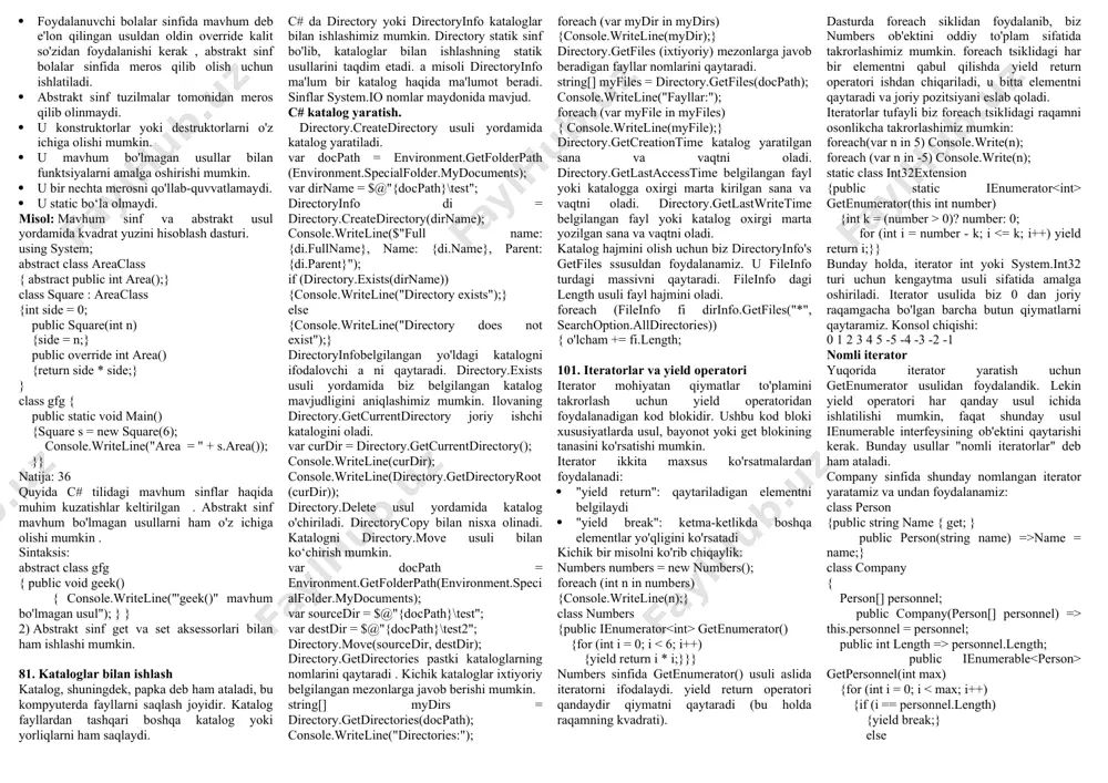 tsiya qilishning zamonaviy texnologiyasi yuqori darajadagi ishlashga erishishga imkon beradi. clr vm shuningdek, asosiy xavfsizlik, xotira boshqaruvi va istisnolar bilan shugʻullanadi, bu esa ishlab chiquvchiga ishning bir qismini tejaydi. .net platformasini quyidagi dasturlar qoʻllab-quvvatlaydi: microsoft visual studio (c#, visual basic .net, managed c++, f#); sharpdevelop; monodevelop; embarcadero rad studio (delphi for .net); oldingi borland developer studio (delphi for .net, c#); a# (ada); zonnon; pascalabc.net; jetbrains rider. 21 c# dasturlash tilida goto va throw o'tish operatorlari goto operatori goto operatori blokdagi bir nuqtadan ikkinchi nuqtaga shartsiz tarmoqlanadi. boshqacha qilib aytadigan bo'lsak, goto operatori bajarilishini bayonot blokidagi boshqa tegga o'tkazadi. goto murojaat qilinadigan joyni aniqlash uchun yorliqni talab qiladi. yorliq har qanday yaroqli identifikator boʻlib, undan keyin ikki nuqta qoʻyilishi kerak. yorliq nazoratni o'tkazish kerak bo'lgan bayonotdan oldin darhol joylashtiriladi. goto operatori boshqaruvni dasturning istalgan joyiga o'tkazishi mumkin. goto operatorlarining oldinga va orqaga o'tishining ikki shakli mavjud. masalan, biz bajarishni "displayinfo" yorlig'iga …