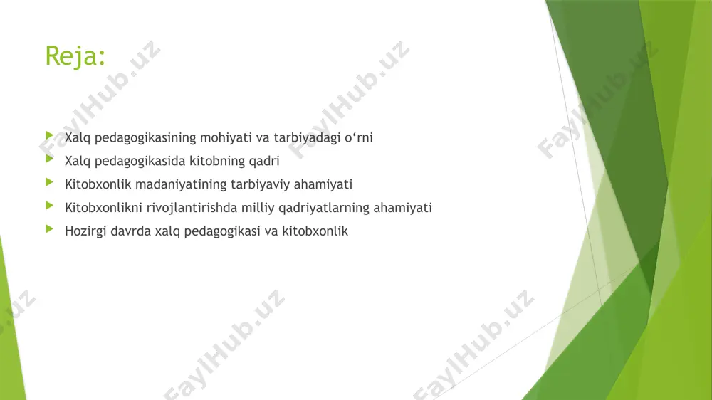 linadi. tarbiya jarayonidagi o‘rni: yoshlarni ilmga chanqoqlik, mehnatsevarlik va halollikka o‘rgatadi. kitob orqali axloqiy qadriyatlar va milliy g‘oya yosh avlodga singdiriladi. oila va mahallada kitobxonlik an’analari yoshlarni ma’rifatparvarlik ruhida tarbiyalaydi. xalq pedagogikasida kitob – ma’naviy boylik, qalb tarbiyachisi va xalq donoligining beqiyos manbai hisoblanadi. kitobxonlik madanyatining tarbiyaviy ahamiyati : kitobxonlik madaniyati yoshlarni tarbiyalashda beqiyos ahamiyatga ega. avvalo, u insonning ma’naviy kamolotini ta’minlaydi. kitob inson qalbini boyitib, uni to‘g‘ri yo‘lga boshlaydi, hayotiy qarashlarini shakllantiradi. shu bilan birga, kitobxonlik yoshlar qalbida axloqiy fazilatlarni – halollik, adolat, mehr-oqibat, sabr-toqat kabi insoniy qadriyatlarni uyg‘otadi. kitobxonlik madaniyati shaxsning aqliy rivojlanishiga ham katta ta’sir ko‘rsatadi. o‘quvchi dunyoqarashi kengayadi, tafakkuri, nutq madaniyati va muloqot ko‘nikmalari rivojlanadi. badiiy adabiyotlar orqali esa ularda estetik tarbiya shakllanib, san’at va adabiyotga mehr uyg‘onadi. bundan tashqari, kitobxonlik yoshlarning ijtimoiy faolligini oshiradi. ular jamiyat hayotida ongli, mas’uliyatli va faol bo‘lib voyaga yetadilar. shuning uchun ham xalq pedagogikasida kitobxonlik madaniyati yoshlarni barkamol shaxs qilib …