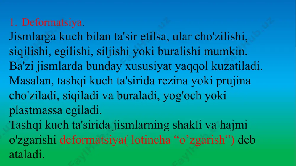 tlabki holatini eslay olmaydi, ya’ni xotirasi yo’q) jism deformatsiyalanganda paydo bo’ladigan, tashqi kuchga qarshilik ko'rsatadigan va unga qarama-qarshi yo'nalgan kuch elastiklik kuchi deb ataladi. elastiklik kuchining namoyon bo’lishi jism deformatsiyalanishiga sabab tashqi kuch (ftashqi ) ekan, ana shu tashqi kuchga aks ta’sir ko’rsatuvchi kuch yuzaga keladi, bu kuch elastiklik kuchidir(fel). bunda nyutonning iii qonuni o’rinli bo’ladi ftashqi= (fel) = - elastik deformatsiyalanish, elastik kuchlari kundalik turmushda katta ahamiyatga ega. avtomobillarning amotizatorlari(prujinali, ressorli), daraxtlarning shamolda egilishi, inson tanasi ham ma’lum bir miqdorda elastik hisoblanadi(ayniqsa akrobatlar va gimnastikachilarniki) va hokazo. mo’rtlik jismlarning elastiklik va plastiklik xossalaridan tashqari mo’rtlik xossaga ega bo’lgan jismlar ham bor. deformatsiya hosil qilmasdan buzilish qobiliyatiga mo’rtlik deyiladi yoki kichik deformatsiyaga ham bardosh berolmay buzilib yoki sinib ketadigan jismlar mo’rt jismlar deb ataladi.masalan: shisha, sopol, chinni, po’lat, g’isht, beton va hokazo. hattoki elastik jismlar ham past temperaturalarda mo’rt bo’lib qolishi mumkin. qishda past temperaturada rezina shlangni bossangiz sinib ketadi. …