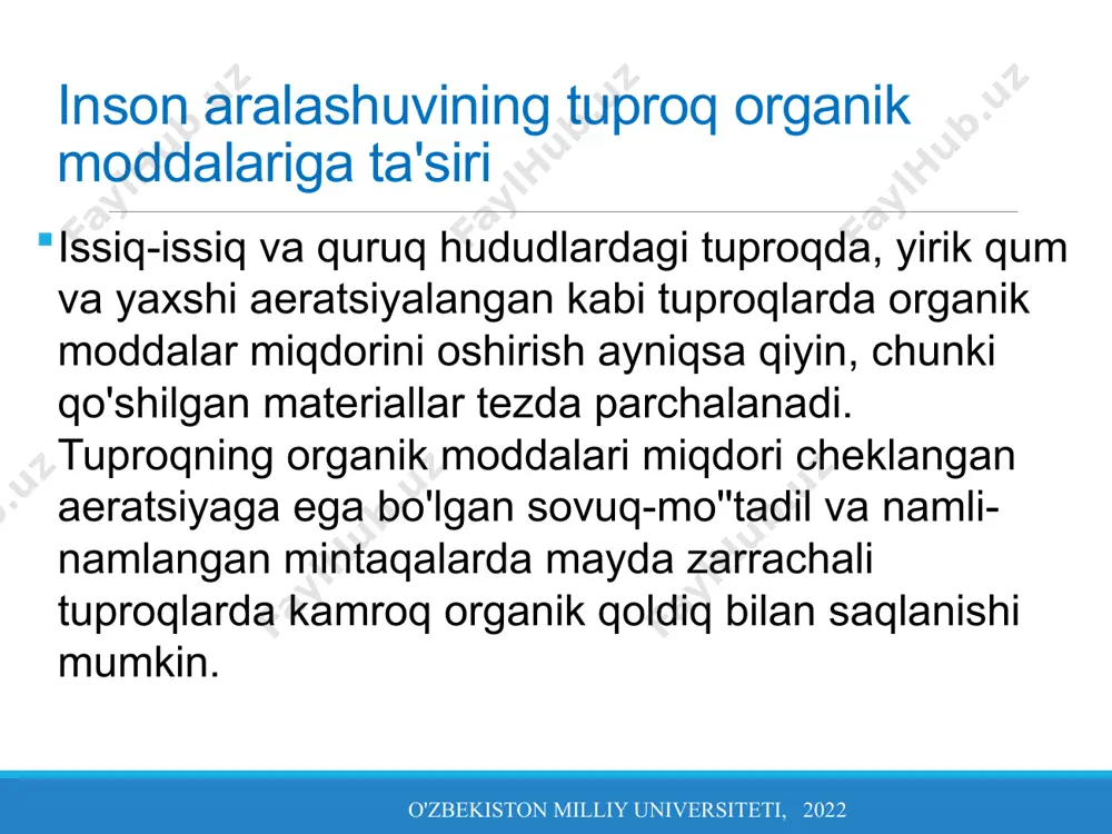 rofaunal populyatsiyasi zichligi peru amazonkasidagi asosiy o'rmonlarga ekin maydonlarida nisbatan mos ravishda 6 va 17 foizga kamaydi (lavelle va pashanasi, 1989). surinamda birlamchi oʻrmon bilan solishtirganda kvadrat metrga toʻgʻri keladigan mikroorganizmlar soni 36 foizga, turlar xilma-xilligi esa 28 foizga kamaydi (van der werf, 1990). mahalliy turlar deyarli yo'q bo'lib ketdi, ammo moslashgan turlar qayta kolonizatsiya bo’lgani uchun mavjud. makrofaunaning tarkibi keskin o'zgargan (7-rasm). biomassa ishlab chiqarishni pasayishi ko'p yillik o'simliklarni almashtirish o'zbekiston milliy universiteti, 2022 o'zbekiston milliy universiteti, 2022 yaylov va monokultura ishlab chiqarish tizimlari ostida o'simliklarning soddalashishi va chirindili qatlamining yo'qolishi fauna xilma-xilligining kamayishiga olib keladi. ildiz tizimlari (ayniqsa, o'tlar) keng bo'lishi va tuproqning katta maydonlarini o'rganishi mumkin bo'lsa-da, bir ekinning ildiz ajratmalari faqat bir nechta mikrob turlarini jalb qiladi. bu o'z navbatida yirtqichlarning xilma-xilligiga ta'sir qiladi. shartli-patogenlarning ko'proq turlari bo'ladi hosilning yonida to’planishi va zarar etkazishi mumkin. uzluksiz ishlov berish va yaylov ham tuproq qatlamlarining siqilishiga olib keladi, …