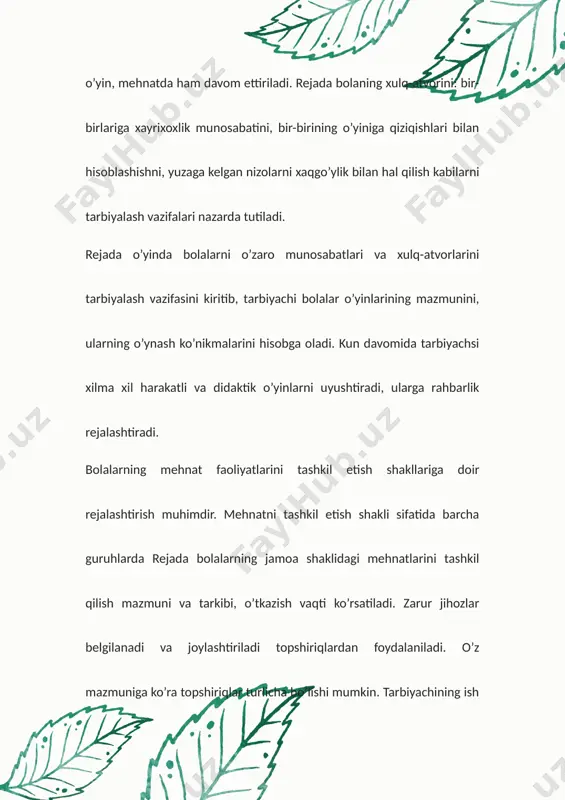 zmunini qayd etish, so’ngra uni bajarishga jalb etiladigan bolalar ismlarini ko’rsatish maqsadga muvofiqdir. tarbiyachi bolalar navbatchiligiga rahbarlikni rejalashtirar ekan, tarbiyachi mehnat hajmi va mazmunini, bolalarga navbatchilik vazifalarini tanishtirishda foydalanadigan jihoz, metod va usullarni ko’rsatadi. mustaqillik bayramlari, mustaqil yurtimizdagi muhim sanalar va xodisalar bilan bog’liq bayramlar, maktabgacha ta`lim muassasasida bolalarga vatanga muhabbat, baynalminal xislarni tarbiyalash, ularni xalqimizning boy milliy va umumbashariy qadriyatlari asosida tarbiyalash maqsadida bayram ertaliklari o’tkaziladi. bayramlarni tarbiyaning muhim vositasi sifatida puxta rejalashtirish lozim. rejada muassasaning butun jamoasi, bolalarning tayyorlarligi aks ettiriladi. pedagogik kengashda bayram stsenariysi ishlab chiqiladi va tasdiqlanadi. maktabgacha ta`lim muassasasi ota-onalar o’rtasida pedagogik targ’ibotni amalga oshiradi. ularni oila va maktabgacha ta`lim muassasasining bolalarga ta`sir ko’rsatishda hamkorlikni yo’lga qo’yish maqsadlarida ta`lim-tarbiyaviy ish mazmuni bilan tanishtiradi. bolalarni oilada tarbiyalashning ilg’or usullarini o’rganadi, umumlashtiradi va tarqatadi. bu ish izchil tarzda amalga oshiriladi va maktabgacha ta`lim muassasasi mudirasi tomonidan yillik rejada, tarbiyachi tomonidan ham rejalashtiriladi. ishni tashkil etish usullari quyidagilarni: …