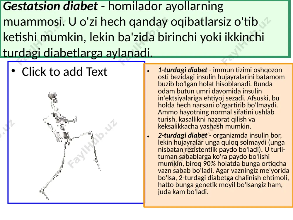 buyraklarni nobud qiladi: oldiniga peshobda oqsil paydo bo'ladi, keyin 2-8 yil ichida buyrak yetishmovchiligi rivojlanadi. ilk bor aniqlangan buyrak kasalliklarining 44% diabet bilan bog'liq. * barcha diabetiklarning 60-70 foizi neyropatiyadan - qo'llar va oyoqlardagi og'riqlar va ta'sirchanlikning buzilishidan aziyat chekadilar. neyropatiya, o'z navbatida, qon aylanishidagi buzilishlarga, tuzalmaydigan yaralarga olib keladi. * nihoyat, bu kasallik har qanday infektsion xastalikni yuqtirib olish xavfini oshiradi. davolanmayotgan diabetikning yaralari yaxshi tuzalmaydi, har qanday jarrohliq operatsiyasidan keyin infektsion asoratlarni orttirish xavfi katta bo'ladi, hatto appendiks olib tashlanganidan keyin ham. 2 ga ko'paytiramiz. xuddi shu muammolar to'plami semirishda ham uchraydi. semirishsiz 2-turdagi diabet faqat 10% kishilardagina uchrashini hisobga oladigan bo'lsak, yuqoriga sanab o'tilganlarga quyidagilar ham qo'shiladi: osteoartrit, nafas olish yetishmovchiligi, bachadon, ko'krak, buyrak, o't pufagi, prostata va ichak saratoni xavfining oshishi. endi yoqimli xabar: 2-turdagi diabet oldi olinishi mumkin bo'lgan eng xavfli kasalliklar ro'yxatida uchinchi o'rinda turadi! agar diabet oldi holatida bo'lgan kishi bor-yo'g'i 10-15% ga …