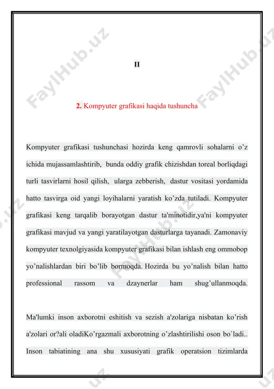 ziqlarni keltirish mumkin. vektorli grafikanining xarakterli xususiyatlaridan biri undagi har bir ob'ekt uchun ularning tashqi ko’rinishlarini o‘zgartirish imkonini beradigan boshqarish parametrlari mavjud. nuqtali tasvirlardan farqli ravishda vektorli tasvirlar ixtiyoriy ichki strukturaga ega bo’lishi mumkin. v vektorli tasvirlarni nuqtali tasvirlarga aylantirish foydalanuvchi ishtirokisiz, amaliy dastur tomonidan amalga oshiriladi. lekin nuqtali tasvirlarni vektorli tasvirga aylantirish foydalanuvchidan katta mahorat talab qiladi. vektorli grafika asosida giometrik figuralarning xossalari haqidagi matematik tasavvur yotadi. vektorli grafikaning matematik asoslari bu nuqta, to’g’ri chiziq, kesma, ikkinchi va uchunchi tartibli egri chiziqlardir. nuqta tekislikda ikkita son bilan (x,y) aniqlanadi. to’g’ri chiziq esa ikkita parametrga ega bo’lgan y=ax+b tenglama orqali aniqlanadi. agar bu to’g’ri chiziq x o’qida ikkita x1 va x2 koordinatalari bilan chegaralansa u kesmani ani?laydi. ikkinchi tartibli egri chiziqqa parabola, giperbola, ellips va aylanani misol qilish mumkin. bu ikkinchi tartibli egri chiziq tenglamasi umumiy holda quyidagicha: x2+a1y2+a2xy+a3x+a4y+a5=0. kompyuterda vektorli tasvirlar bilan ishlash nuqtali tasvirlar bilan ishlashga qaraganda ancha …