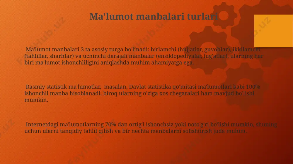 ularning o'zgaruvchanligini ko'rsatadi. og'zaki tarixchilikda 19-asr oxiri va 20-asr boshlarida yig'ilgan ma'lumotlarning aniqligi va ishonchliligi tekshiruv va tahlil metodlariga bog'liq. ma'lumotlarning ishonchliligi birlamchi manbalar ikkilamchi manbalarga qaraganda yuqori ishonchlilik darajasiga ega; masalan, tadqiqotning asl nashri nusxalariga qaraganda ko'proq ishonchli. statistik ma'lumotlarning ishonchliligini tekshirishda namunaviy hajmi va xatolik chegarasi kabi parametrlarni hisobga olish kerak; 5% dan kam xatolik chegarasi yuqori ishonchlilikni bildiradi. ma'lumot manbasining obro'si va uning ekspert baholari muhim; 80% dan ortiq ishonchlilik darajasiga ega manbalarni afzal ko'rish tavsiya etiladi. ikilamchi manbalar ikilamchi manbalarning turli xil formatlari mavjud: kitoblar, maqolalar, sharhlar va boshqalar, ularning har biri o'ziga xos xarakteristikalarga ega bo'lib, taxminan 20 dan ziyod turini ajratish mumkin. ikilamchi manbalar birlamchi manbalarga tayangan holda yaratiladi va ularning miqdori taxminan 100 dan ortiq bo‘lishi mumkin, bu esa tadqiqotchilar uchun katta hajmdagi ma'lumotlarni o'z ichiga oladi. ikilamchi manbalarning ishonchliligi, birlamchi manbalarga ishoralar soni va ularning aniqligi orqali baholanadi, o'rtacha 5-7 ta manbaga …