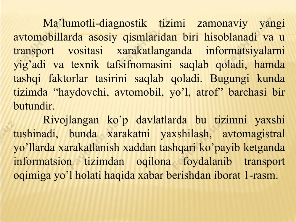ter (avtomobil marshruti kompьyuteri (amk)) avtomobil to’g’risida xaydovchiga ma’lumot beradi, hamda avtomobilni tashqi dunyo bilan bog’laydi, navigatsiya tizimi va boshqalar. aksariyat xollarda bortli kompьter ma’lumotni raqamli tizimda uzatadi, uni boshqarish pult yordamida amalga oshiriladi qo’llashni boshlash va displey sensori grafik rangli ko’rinishda bo’ladi boshqarish dasturlashtirilgan. bundan tashqari, portativ kommutatorlar chiqariladi va tashkillashtirilgan, avtomobil g’ildiragiga o’rnatiladi. avtomobil qismlaridagi, tizimlaridagi ma’lumotni tegishli dastur orqali qabul qilib oladi. avtomobil kompyuteri set orqali internetga ulanadi. xaydovchiga elektron pochta ochiladi. sputnik antenaga ulanganda (direct pc) avtomobilga xabar yetkazish tezligi 440 kb/s. bortoli kompyuter kun va soatni aniqlaydi, yonilg’i sarfi forsunkani ishlashi va sarfini, tezlik va bosib o’tgan masofa. 2. dvigatel-testeri o’lchovchi asbob har xil datchiklar va stroboskop yordamida dvigatelь va elektr jihozlarni har xil ish rejimida 50 dan ortiq parametrlarni o’lchash mumkin. quvvat parametrlarini bilvosita aniqlashni orginal usullari qo’llaniladi. misol, tslindrlar bo’yicha nisbiy kompressiyani. kompressiya va tslindrlarni bir tekis ishlashdan tashqari, iskra ko’rsatgichlari: teshib o’tish …
