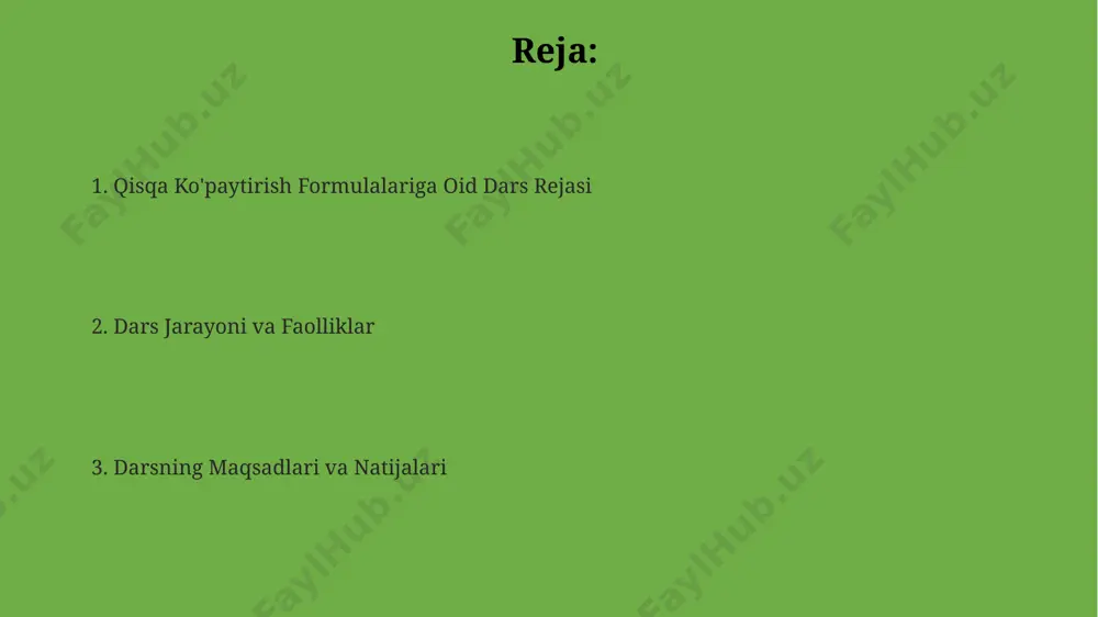 8-maktab o'quvchilari kabi mustaqil qo'llay oladilar. yakunlov qismida o'quvchilar 10 ta topshiriqni 20 daqiqada bajarib, formula qo'llanilishini 75% to'g'ri bajarish darajasiga erishadilar, masalan, algebraik ifodalarni soddalashtirishda. xulosa qismida darsning samaradorligini baholash uchun toshkentdagi 3-litsay o'quvchilari tajribasidan foydalanib, o'quvchilarning javoblarini tahlil qilib, 2 ta asosiy muammoni aniqlab, ularni bartaraf etish bo'yicha takliflar beriladi. farqning kvadrati formulasi (a²-b²) bu formula, 32² - 28² kabi misollarni buxoroda joylashgan maktab o'quvchilari uchun ham foydali bo'lib, ularga murakkab ko'paytirish amallarini soddalashtirib, natijani tezda topish imkonini beradi. farqning kvadrati formulasi (a²-b²) sonlarni 10 dan 100 gacha bo'lgan oralig'ida tez hisoblash uchun samarqanddagi maktablarda keng qo'llaniladi, bu esa hisoblash vaqtini sezilarli darajada kamaytiradi. masalan, 25² - 15² ni hisoblashda farqning kvadrati formulasi (a-b)(a+b) = a²-b² dan foydalanib, hisob-kitoblarni soddalashtirish va tezroq natijaga erishish mumkin, bu esa toshkentdagi oliy o'quv yurtlarida matematikadan dars berishda qo'llaniladi. qisqa ko'paytirish formulalarining asosiy tushunchalari (a+b)(a-b) = a² - b² formulasi esa farqlar …