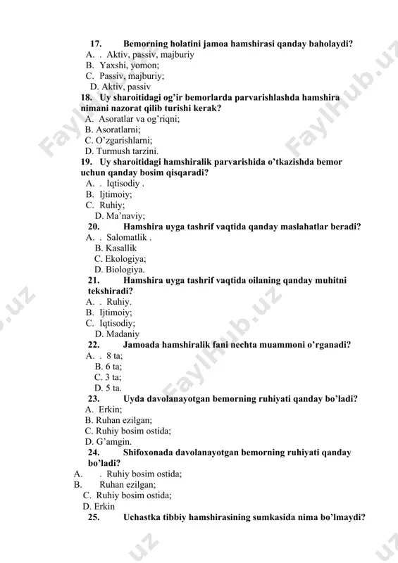 bilan aloqa olib boradi? a. jamoatchilik; b. millatchilik; c. kamolot; d. tez tibbiy yordam. 30. jamiyatni ijtimoiy, iqtisodiy va siyosiy jihatdan harakatlantiruvchi omil nima deyiladi? a. . ijtimoiy salomatlik b. iqtisodiy salomatlik c. moddiy salomatlik; d. nomoddiy salomatlik. 31. salomatlik determinantlari asosan necha xil bo’ladi? a. 5 ta; b. 4 ta; c.6 ta; d. 3 ta. 32. jamoa hamshirasi o’zining qanday ko’nikmalarini oshirib borishi kerak? a. amaliy b. nazariy; c. maorifiy; d.ta`limiy. 33. jamoa hamshirasi tibbiy amaliyot sharoitida mos keluvchi nimani egallashga harakat qilishi kerak? a. . bilimni . b. amaliyotni; c. parvarishni d. nazariyotni. 34. jamoa hamshirasining birlamchi vazifasi? a. . kasalliklarning oldini olish ; b. favqulotda vaziyatlarni oldini olish; c. profilaktik emlashlarni olib borish d. himoya qilish. 35. 2001 – yil fevral oyida toshkentda o’tkazilgan anjumanda qanday masala ko’rildi? a. . oila hamshirasini tayyorlash masalasi ; b. aholini emlash masalasi aholini emlash masalasi c. shoshilinch yordam ko’rsatish masalasi; …
