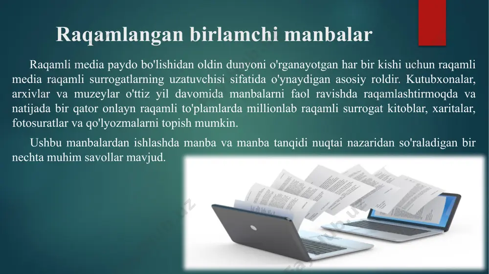 ixchilar raqamli ravishda ish yuritishi tarixchilar yigirmanchi asrning oxirlarini tadqiq qilishni boshlaganlarida, ular raqamli ravishda yaratilgan o'tmish izlarini tobora ko'proq topmoqdalar. shu bilan birga, analog materiallarni raqamlashtirish uchun kompyuterlardan foydalanish ko'plab raqamli pre-raqamli manbalar raqamli ravishda qayta ishlab chiqarilganligini anglatadi. shunday qilib, kelajakdagi tarixiy tadqiqotlar raqamli dalillar shakllari va kompyuterga asoslangan tadqiqot vositalarini o'z ichiga oladi. ushbu maqola biznes tarixida bunday resurslardan qanday foydalanish mumkinligini o'rganadi, raqamli tarixga bo'shliqni ko'paytiradi va ularning uslubiy oqibatlarini aks ettiradi. biz manbalarni farqlash, ularning turli raqamli xususiyatlari va tarixiy haqiqiyligini ishlab chiqish uchun asosni taqdim etamiz. keyin biz raqamli manbalarni biznes tarixchilari so'roq qilishning ikki xil usulini belgilash uchun raqamli kompaniya yozuvlari va media arxivlaridan o'zimiz foydalanamiz foydalanilgan adabiyotlar 1. alimov i, ergashev f, butaev a. arxivshunoslik. o’quv qo’llanma – t.: sharq, 1997. 2. alimov i.a. arxivshunoslik. o’quv qo’llanma – andijon: adu, 2005. 3. boboqulov b. arxiv ishi nazariyasi va amaliyoti. o’quv qo’llanma. – …