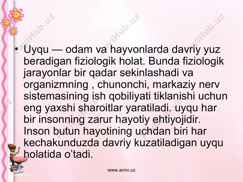 21-22 soat, 13-14 yoshda 9.5-10 soat, katta bolalarda 8 soat. tungi uyqu 3-5 stikldan iborat bo’lib, har qaysi shaklda sekin va tez uyqu davrlarga takrorlanib turadi. sekin uyqu davrida 1. 1.5 soat, tez uyqu davri 10-30 minut davom etadi tush ko’rish sodir bo’ladi. www.arxiv.uz www.arxiv.uz www.arxiv.uz www.arxiv.uz gipotik uyqu boshqa odam yoki gipnozchining har xil so’zlari va harakatlari ta’sirida yuzaga keladi. bunda gipnozlangan odamning bosh miya sharlarining po’stloq qismdagi nerv markazlarining hammasi, balki ma’lum qismi tarmozlanadi. shuning uchun gipnoz holatidagi odamda fikrlash, ong kabi oliy nerv faoliyatiga xos xususiyatlar vaqtinchayo’qoladi, lekin harakatlanish, gapirish qobilyati saqlanadi. shuning uchun u gipnozchining buyruqlaini bajaraveradi. www.arxiv.uz www.arxiv.uz narkotik uyqu har xil kimyoviy dori moddalari ta’sirida bosh miya nerv hujayralarida tormozlanish holati yuzaga kelishi bilan harakterlanadi. www.arxiv.uz www.arxiv.uz uyqu gigiyenasi - bolalar va o’smirlar uyqusini gigiyenik jihatdan to’g’ri uyushtirish ularning ish qobilyatini bo’lishini ta’minlovchi omillardan hisoblanadi. bola o’rnini qulay bo’lishi, belgilangan vaqtda doimo uxlash uyqu …