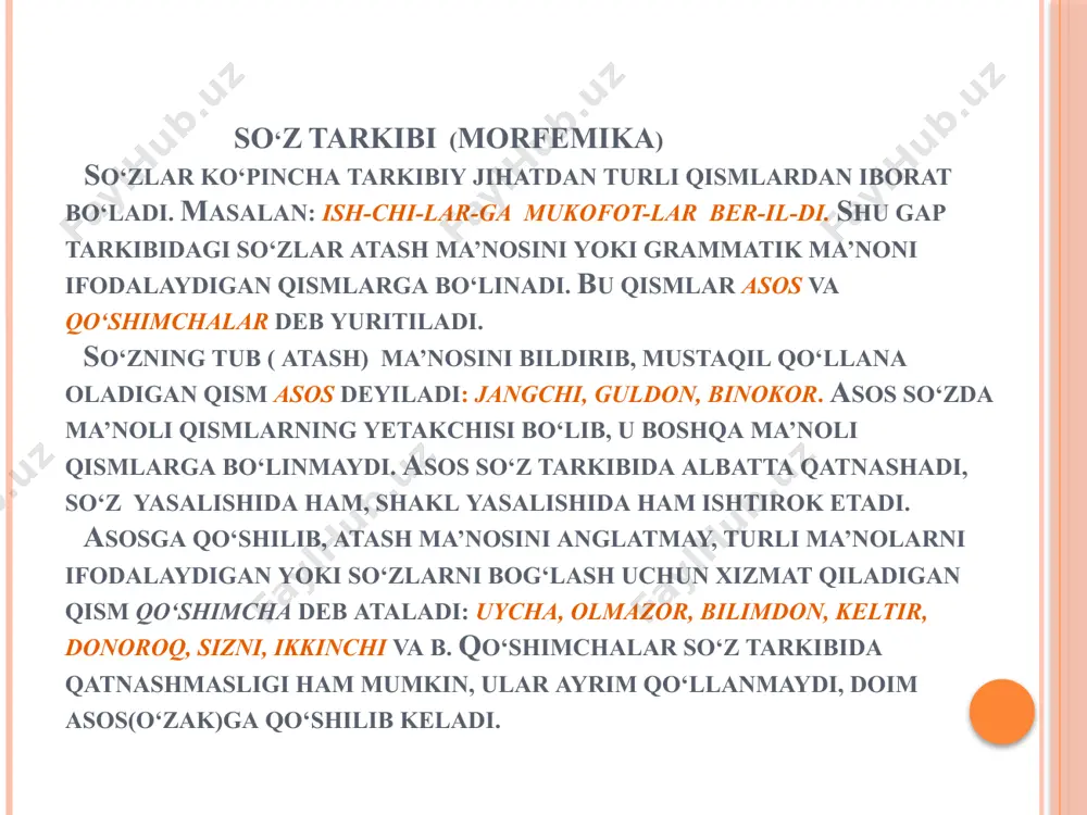 ning kitobi, kollejimiz qizlari), shaxs-son (men keldim, sen yozding) va zamon (bordim, boryapman, bormoqchiman), mayl (-sa) qo‘shimchalari kiradi. bu qo‘shimchalar sintaktik munosabat shakllari ham deyiladi. sintaktik shakl yasovchi qo`shimchalar: 1. egalik qo`shimchalari: egalik qo‘shimchalari oxiri unli bilan tugagan otlarga birlikda -m, -ng, -si; ko‘plikda -miz, -ngiz, -(lar)i shaklida; undosh bilan tugagan otlarga birlikda -im, -ing, -i; ko‘plikda -imiz, -ingiz, -i shaklida qo‘shiladi: birlik ko‘plik i shaxs otam, qalamim otamiz, qalamimiz ii shaxs otang, qalaming otangiz, qalamingiz iii shaxs otasi, qalami ota(lar)i, qalam(lar)i quyidagi so‘zlarga egalik qo‘shimchalarini qo‘shib turlang: yurak, etak, idrok, ittifoq, qishloq, quloq, mavqe, obro‘, daftar, bola, bobo, uzum, yer, burun, o‘g‘il, shahar. 2. kelishik qo‘shimchalari: otlarni boshqa so‘zlarga bog‘lash uchun xizmat qiladigan qo‘shimchalar kelishik qo‘shimchalari deyiladi. kelishik shakllari otlarning gapda bajaradigan sintaktik vazifalarini belgilab beradi. otlarda oltita kelishik shakli bor: kelishik nomi qo‘shimchasi so‘roqlari 1.bosh kelishik - kim? nima? qayer? 2.qaratqich kelishigi -ning, -n kimning? nimaning? qayerning? 3.tushum …
