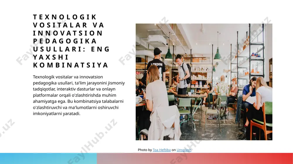 sullarini mustahkamlashda katta ahamiyatga ega. teknologiyalar talabalar uchun o'rganishni oson, qiziqarli va samarali qilishda yordam beradi. xulosa 1 o'quv jarayonini rivojlantirish o'quv jarayonini rivojlantirish uchun texnologik vositalar va innovatsion pedagogika usullarining muhimliklarini tushuntirishimiz kerak. bu, talabalar uchun o'rganishni oshirishning kuchli yo'li. 2 o'quvchilarni motivatsiyalash o'quvchilarni motivatsiyalash texnikalari, ularni o'rganishga ilhomlantirish va yangi bilimlarni olishadi. bu, ta'lim jarayonini samarali va o'quvchilar uchun qiziqarli qiladi. 3 interaktiv ta'lim vositalari interaktiv ta'lim vositalari, o'quvchilarga amaliy tajribani oshirishning samarali usullarini taqdim etadi. ular, o'quvchilarni qatnashishga tortadi va o'rganish jarayonini tezlashtiradi. e'tiboringiz uchun rahmat! image1.jpg image2.jpg image3.jpg /docprops/thumbnail.jpeg