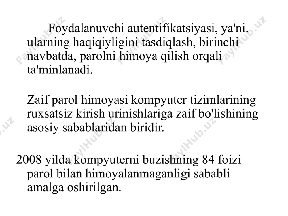 yaxshi parollar tasodifiy ketma-ketlik sifatida yaratilgan parollardir. parol muntazam ravishda o'zgartirilishi kerak parolni o'zgartirish jadvalga muvofiq emas, balki tasodifiy ravishda kamida 60-90 kunda bir marta amalga oshirilishi tavsiya etiladi. parol avval ishlatilgan parollardan sezilarli darajada farq qilishi kerak aks holda, oldingi parollar haqida ma'lumotga ega bo'lgan holda, joriy parolni taxmin qilish mumkin. har bir parol o'ziga xos tarzda ishlatilishi kerak har bir parol faqat bitta foydalanuvchi tomonidan ishlatilishi va tizimlar yoki dasturlarning faqat bittasiga kirish uchun ishlatilishi kerak, ya'ni, masalan, kompyuter seansiga kirish va elektron pochta qutisiga kirish uchun bir xil paroldan foydalana olmaysiz. parol maslahatlaridan foydalanmaslik kerak agar parolni o'rnatishda parol unutilgan bo'lsa, siz doimo operatsion tizim yoki boshqa dasturlarning ko'rsatmalariga e'tibor bermasligingiz kerak, agar parol o'rnatishda maslahat kiritishingiz kerak, qo'shimcha ma'lumot yoki xavfsizlik savoliga javob bering (masalan, bo'yingiz, sevimli taomingiz, onaning qizlik familiyasi, pasport raqami va h.k.) .p.), – tajovuzkor uchun parolni topishdan ko'ra maslahatga javob topish (taxmin …