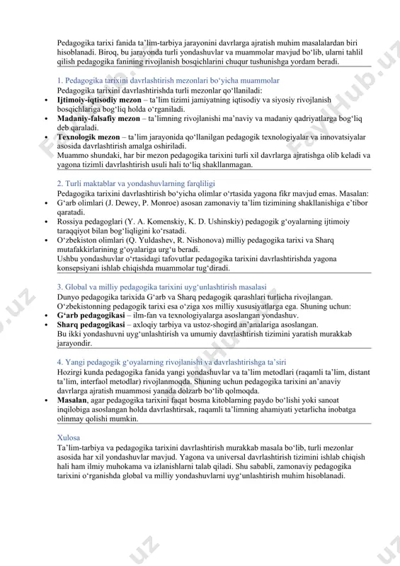 ta’limiy yutuqlarning ahamiyatini tushuntirish va ulardan foydalanish. “pedagogika tarixi” fanining kishilik jamiyati taraqqiyoti bilan o‘zaro aloqadorligi pedagogika tarixi fani kishilik jamiyatining umumiy taraqqiyoti bilan uzviy bog‘liq bo‘lib, har bir davrning ijtimoiy-iqtisodiy, madaniy va siyosiy sharoitlari ta’lim tizimining rivojlanishiga ta’sir ko‘rsatgan. 1. qadimgi jamiyat – dastlabki ta’lim shakllari oilaviy tarbiya va amaliy bilimlar (hunarmandchilik, dehqonchilik) orqali amalga oshirilgan. 2. qadimgi sivilizatsiyalar – misr, yunoniston, rimda ta’lim tizimi shakllangan, falsafiy-pedagogik g‘oyalar rivojlangan (sokrat, platon, aristotel). 3. o‘rta asrlar – diniy ta’lim asosiy o‘rinda bo‘lib, madrasalar va cherkov maktablari tashkil etilgan. 4. yangi davr – ilm-fan rivojlanishi bilan pedagogik fikrlar yangilanib, insonparvarlik g‘oyalari shakllangan (jan-jak russo, y. a. komenskiy). 5. zamonaviy davr – innovatsion texnologiyalar, interfaol o‘qitish metodlari keng qo‘llanilib, ta’lim global jarayonga aylangan. pedagogika tarixi insoniyat taraqqiyoti bilan chambarchas bog‘liq bo‘lib, jamiyat ehtiyojlariga qarab yangilanib boradi. o‘zbekiston respublikasi prezidenti shavkat mirziyoyev ta’lim-tarbiya jarayonida milliy meros va pedagogik qadriyatlardan samarali foydalanish masalasiga alohida …