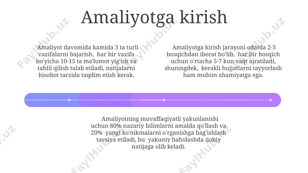 bu esa kuniga 1-2 soat mashg'ulotni talab qiladi. amaliyot jarayoni 01 02 03 amaliyot davomida 5 dan ortiq xatolik kuzatilsa, jarayonni qayta ko'rib chiqish va kerakli tuzatishlarni kiritish maqsadga muvofiqdir. muvaffaqiyatli amaliyot uchun kamida 20% vaqt rejalashtirishga, 60% bajarishga va 20% tahlil va takomillashtirishga ajratish tavsiya etiladi. amaliyot jarayoni 3 bosqichdan iborat: tayyorgarlik, amalga oshirish va baholash, har bir bosqich mahsuldorlikni oshirish uchun muhimdir. sales 1st qtr 2nd qtr 100 0 sales 1st qtr 2nd qtr 100 0 sales 1st qtr 2nd qtr 100 0 e'tiboringiz uchun rahmat @taqdimot_robot image1.jpeg image2.jpeg image3.jpeg