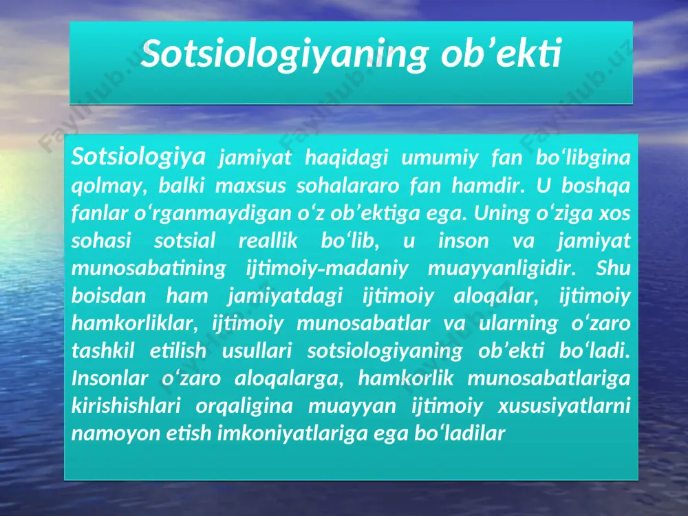 ing «oltin davri» da sokrat, levkipp, demokrit, platon va aristotellarni kirtish mumkin. suqrot –platon suqrot – uning qarashlarida qanday qilib yaxshi yashash, kamolotga erishish uchun san'at asarlarini bilish zarurligi o’rin olgan. inson faoliyati uning yaxshilik, savob, oriyat, insof haqidagi tushunchalari mazmunidan iborat. u juda ko’p nazariya va ta'limotlar yaratgan. ammo bizgacha ulardan juda kami etib kelgan. uning asosiy asarlarini uning shogirdlari yozib olishgan. platon - u ko’proq inson va inson mavqei to’g’risida fikr yuritgan. uning ta'kidlashicha, tugri fikr qilish malakasiga ega bulish deganda biror bir hayotiy voqea taxlili vaqtida masalaning avval yaxshilik tomonida ro’y berganligini tushuntirishga intilishdir. u ko’proq ideal davlat tuzish haqida fikrlar bildirgan. uning ezgulik asosiga qurilgan ideal davlat tuzumi quyidagi fazilatlarga ega bo’lishi lozim: donishmandlik. jasorat. har ishda me'yorni saqlash. adolat. aristotel aristotel - u jamiyatning ijtimoiy tarkibi masalalarini o’rganish bilan shug’ullangan. u yana komil inson, komil fuqaro haqida o’z qarashlarii ifoda etgan. aristotel antik dunyo sotsiologiyasi …