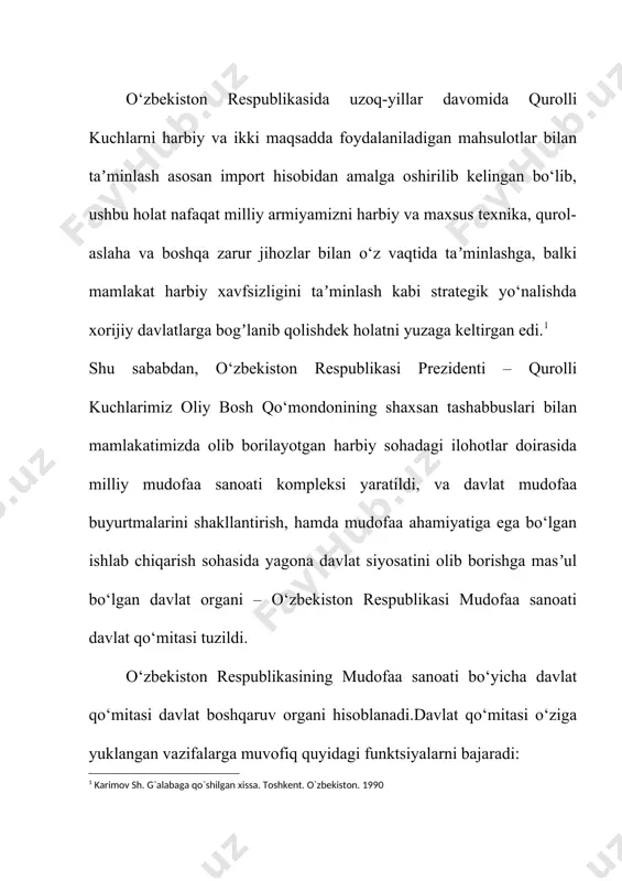 ko‘rsatadi. [2: 2017-2021 yillar uchun harakatlar strategiyasi dasturi] xalqlarimizning tarixi, madaniyati, an’analari, diniy e’tiqodining mushtarakligi mamlakatlarimiz o‘rtasidagi amaliy hamkorlik va hamjihatlikning muhim poydevori hisoblanadi. o‘zbekiston respublikasining mudofaa sohasidagi siyosati quyidagi prinsiplarga asoslangan: boshqa davlatlarga qarshi harbiy kuch ishlatmaslik, bundan harbiy tajovuzning oldini olish va uni daf etish hollari mustasno; xavfsizlikning bo‘linmasligi, o‘z xavfsizligini boshqa davlatlar xavfsizligi hisobiga mustahkamlashga yo‘l qo‘yilmasligi; boshqa davlatlarning ichki ishlariga aralashmaslik, ehtimol tutilgan nizolarni tinch yo‘l bilan hal etish; harbiy-siyosiy bloklarda ishtirok etmaslik, har qanday davlatlararo tuzilmadan, agar u harbiy-siyosiy blok etib o‘zgartirilsa, chiqib ketish huquqini o‘zida saqlab qolish; mudofaaning yetarli darajada bo‘lishi; harbiy qurilishning zamonaviy harbiy mojarolar xususiyatiga monand bo‘lishi; yadroviy va boshqa turdagi ommaviy qirg‘in qurolini ishlab chiqarish, olish, saqlash, tarqatish va joylashtirishdan voz kechish; [footnoteref:3] [3: ] markaziy osiyoda yadro qurolidan holi zona to‘g‘risidagi shartnoma prinsiplariga sodiqlik; o‘z hududida chet el harbiy bazalari va ob’ektlarining joylashtirilishiga yo‘l qo‘ymaslik; qurolli kuchlarning xorijdagi tinchlik o‘rnatish …
