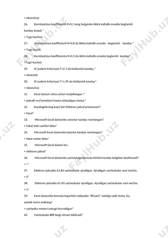si bosiladi +menyudan dobavit` tanlanadi +list ok bosiladi 204. klaviatura orqali yangi excel listini yaratish usulini tanlang: +kontestli menyu tugmacha bosiladi +yunaltiruvchi tugmachalar yordamida sozdat`- list microsoft excel +enter bosiladi 205. excel: klaviatura yordamida yacheyka nusxalarini olish usullarini tanlang +ctrl + c +ctrl + insert +kontekst menyu - kopirovat` 206. excel: klaviatura yordamida yacheykalarni kirkib olish usullarini tanlang +ctrl + x +shift + del +kontekst menyu - virezat` 207. excel ishchi kitobida list kushish usullarini tanlang: +vstavka - list +sichkoncha ung tugmachasi bosiladi - dobavit` - list +shift + f11 208. excel: yacheykaga uch xil ma'lumotlar kiritish mumkin: + son* + formula* + matn* 209. excel: kuyidagi komandalarni uzida saklovchi menyuni kursating "soxranit`", "risunok", "udalit` list": + "fayl"* + "vstavka"* + "pravka"* 210. excel: kuyidagi komandalarni uzida saklovchi menyuni kursating "razmetka stranitsi", "stroki", "sortirovka": + "vid"* + "vstavka"* + "dannie"* 211. excel: kuyidagi komandalarni uzida saklovchi menyuni kursating "razdelit`", "parametri", …