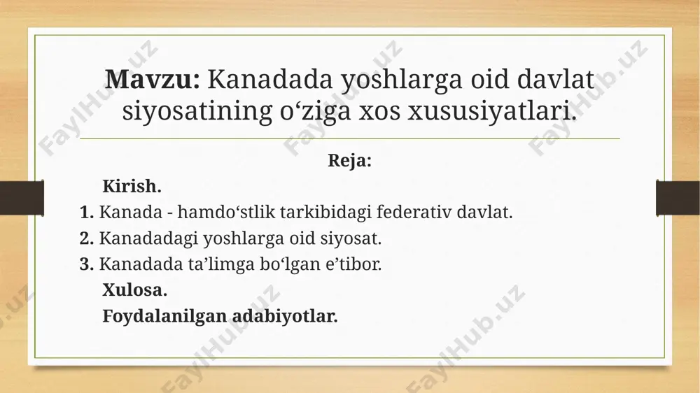 dan general-gubernator va 2 palatali parlament (senat va jamoalar palatasi) amalga oshiradi. ijroiya hokimiyatni qirolicha nomidan general-gubernator hamda bosh vazir va vazirlardan iborat hukumat amalga oshiradi. kanada — bu hayot darajasi yuqori bo’lgan xavfsiz, osoyishta mamlakat. mamlakatda turar joy, oziq-ovqat va transport amerika qo’shma shtatlariga qaraganda ancha arzon. shuni ham ta’kidlash kerakki, dunyoda kanada hayot darajasi va davomiyligi bo’yicha birinchi o’rinda turadi. koʻplab rivojlangan mamlakatlarda qabul qilingan "yosh"larning yoshiga oid chegara turlicha: masalan, aqsh va yaponiyada 13-14 yoshdan, 29-30 yoshgacha, ispaniyada 14 yoshdan 30 yoshgacha, lyuksemburgda 15 yoshdan 25 yoshgacha, kanadadagi yoshlar esa 15 yoshdan 34 yoshgacha etib belgilangan. kanada umumiy aholisining taxminan chorak qismini yoshlar tashkil qiladi. 2. kanadada yoshlar taʼlimiga boʻlgan eʼtibor. bmt ma’lumotlariga ko’ra, kanadadagi ta’lim eng yuqori sifatli va qulay hisoblanadi. shuningdek, u nufuzi bo’yicha dunyoda ikkinchi o’rinni egallaydi, bu ko’plab xorijiy talabalarni ushbu mamlakatda oliy ma’lumot olish imkoniyati bilan ko’proq tanishishga undaydi. kanada taʼlim sifati …