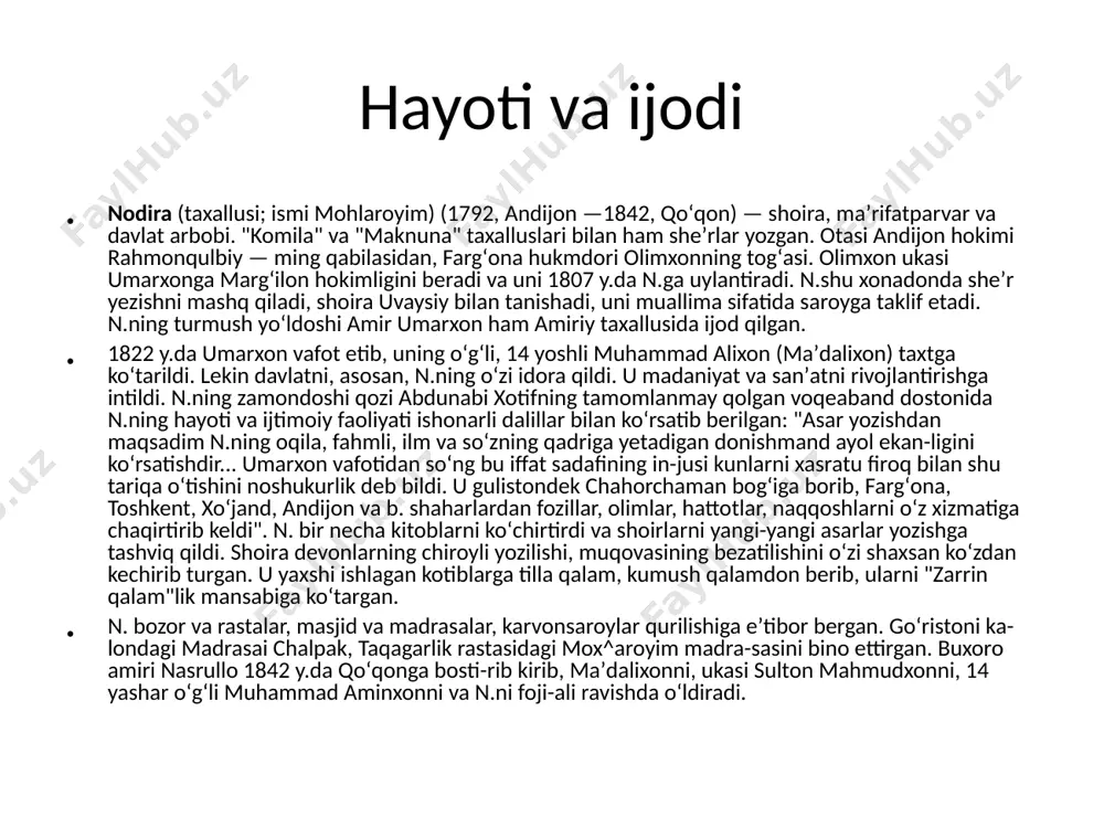a talmeh, majoz, tash-beh, istiora, tazod, tadrij, tashhis, intoq kabi badiiy vositalar mahorat bilan qoʻllangan. n. fors-tojik tilida ham goʻzal, taʼsirchan sheʼrlar yozgan. ular ham mazmun va badiiy mahorat jihatdan oʻzbek tilidagi gʻazallaridek yuksak darajada yozilgan boʻlib, shoira ijodini yana ham keng va toʻlaroq oʻrganishda muhim rol oʻynaydi. n. ijodiga boʻlgan qiziqish shoira qayotlik davridayoq boshlangan. mashhur shoira dilshod (1800—1905) n.ga maxsus gʻazallar bagʻishlab, uni "ilm-adab i va nazm osmonining yulduzi, ushshoqlari gʻazalxoni, shakar sochuvchi bulbul" deb taʼriflaydi. n. gʻazallariga juda ‘ koʻp shoirlar naziralar yozganlar, muhammas bogʻlaganlar. oʻzbek adabiyotida va sahnada n.ning badiiy obrazi yaratildi. h. razzoqovning "nodira", turob toʻlaning "nodirabegim" musiqali dramalari sahnalashtirildi. komil yormatov va m. melkumovlarning ssenariysi asosida "nodirabegim" fil-mi yaratildi. shoira asarlari rus va b. chet tillarga tarjima qilingan. fa-zallari oʻzbek maqomlari va xalq kuylariga solingan. oʻzbekistonning sha-har va qishloqlarida koʻplab koʻchalar, kinoteatr, maktab va kutubxonalar n. nomi bilan yuritiladi. g’azallari vasl uyin obod qildim… …