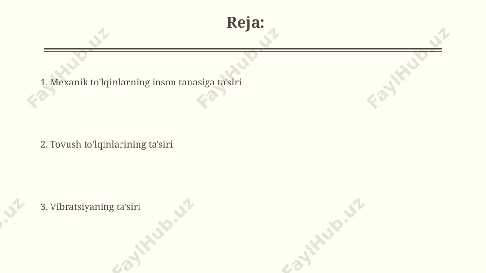 ing 20-20000 gts oralig'idagi chastotalari odam qulog'i tomonidan qabul qilinadi va bu tovushlar miya tomonidan qayta ishlanib, atrof-muhit haqida ma'lumot beradi. muvozanat tizimiga ta'siri uzoq muddatli ta'sir natijasida, 20-100 hz diapazonidagi mexanik tebranishlar muvozanatni saqlash uchun javobgar bo'lgan miya sohalarida funktsional o'zgarishlarni, hatto tuzilmaviy shikastlanishlarni ham keltirib chiqarishi mumlik. muvozanat tizimiga ta'sir etuvchi mexanik to'lqinlar, masalan, 10-20 hz chastotadagi tebranishlar, vestibulyar apparatni qo'zg'atishi va bosh aylanishi, ko'ngil aynishi kabi noxush his-tuyg'ularni keltirib chiqarishi mumkin. ultratovush to'lqinlarining ta'siri yuqori intensivlikdagi fokuslangan ultratovush (hifu) 70-100°c haroratgacha to'qimalarni qizdirib, lokal o'smalarni yo'q qilishda qo'llaniladi. ultratovush to'lqinlari, 1-3 mhz chastotada qo'llanilganda, terining chuqur qatlamlariga, 3-5 sm gacha yetib, issiqlik ta'siri orqali terapevtik effekt beradi. mexanik to'lqinlarning ichki organlarga ta'siri ultratovush tekshiruvi kabi mexanik to'lqinlardan foydalanish ichki organlarning tuzilishi va funksiyasini tasvirlashga yordam beradi, ammo yuqori intensivlikdagi to'lqinlar to'qimalarga zarar yetkazishi mumkin, masalan, 100 vt/sm² dan yuqori intensivlikda. infrasound (20 hz dan past) kabi past …