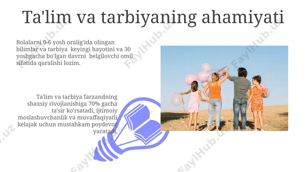 ondashuvlardan foydalanib, bolalarning individual rivojlanishiga e'tibor qaratadi. ta'lim vazirligi ma'lumotlariga ko'ra, g'arbiy evropada maktabgacha ta'lim qamrovi 90% dan oshadi, bu esa bolalarni ijtimoiylashtirish va bilim olish imkoniyatlarini sezilarli darajada oshiradi. maktab ta'limi va uning ta'siri maktab ta'limi, oilaviy munosabatlar bilan birgalikda, bolaning kelajakdagi kasbiy yo'nalishini belgilashda muhim rol o'ynaydi, taxminan 80% hollarda maktabdagi tajriba kasb tanlashga ta'sir qiladi. maktabda o'qitiladigan fanlarning 30% dan ko'prog'i bolaning kognitiv qobiliyatlarini rivojlantirishga qaratilgan bo'lib, bu esa muammo yechish va mantiqiy fikrlash kabi ko'nikmalarni shakllantiradi. kelajakdagi istiqbollar va yangi yondashuvlar 01 02 gʻarbiy mamlakatlarda 2030-yilga kelib, 30% ga yaqin oilalar qoʻshma tarbiya usullarini qoʻllashlari va bolalarni tarbiyalashda texnologiyalardan keng foydalanish kuzatiladi. sales 1st qtr 2nd qtr 100 0 sales 1st qtr 2nd qtr 100 0 e'tiboringiz uchun rahmat @taqdimot_robot image4.jpg image5.jpg image6.jpg image7.jpg image8.jpg image9.jpg image10.jpg image11.jpg image12.jpg image13.jpg image14.jpg image15.jpg image1.jpeg image2.jpeg image3.jpeg