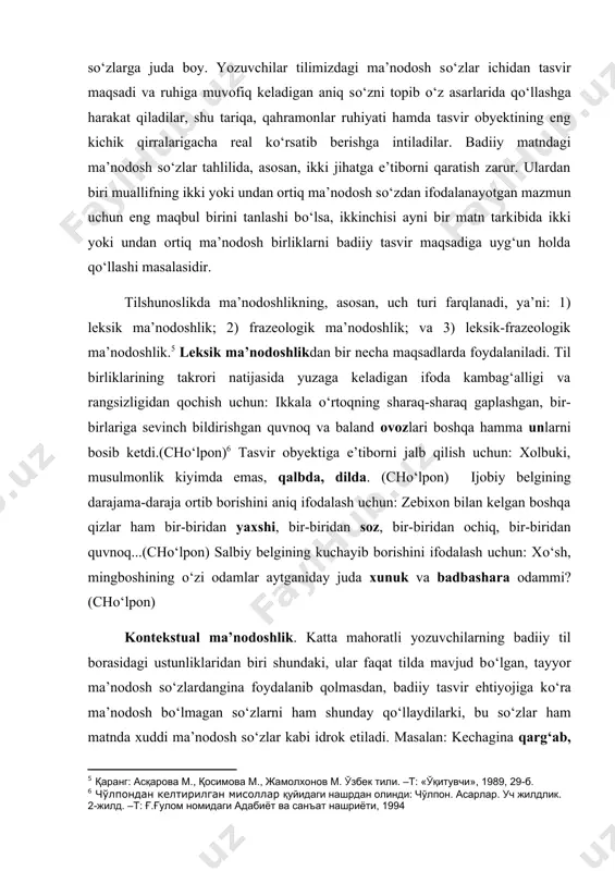 aniq ifodalash uchun: zebixon bilan kelgan boshqa qizlar ham bir-biridan yaxshi, bir-biridan soz, bir-biridan ochiq, bir-biridan quvnoq...(chо‘lpon) salbiy belgining kuchayib borishini ifodalash uchun: xо‘sh, mingboshining о‘zi odamlar aytganiday juda xunuk va badbashara odammi? (chо‘lpon) kontekstual ma’nodoshlik. katta mahoratli yozuvchilarning badiiy til borasidagi ustunliklaridan biri shundaki, ular faqat tilda mavjud bо‘lgan, tayyor ma’nodosh sо‘zlardangina foydalanib qolmasdan, badiiy tasvir ehtiyojiga kо‘ra ma’nodosh bо‘lmagan sо‘zlarni ham shunday qо‘llaydilarki, bu sо‘zlar ham matnda xuddi ma’nodosh sо‘zlar kabi idrok etiladi. masalan: kechagina qarg‘ab, sо‘kib, «о‘ldirsam!» deb yurgan kundoshini о‘pib, quchoqlab, silab-siypab bir nafasda ikkalasi «qalin dо‘st» bо‘lgan emishlar. (chо‘lpon) frazeologik ma’nodoshlik. voqelikni obrazli tasvirlashda, uni kitobxon kо‘zi о‘ngida aniq va tо‘la gavdalantirishda frazeologik iboralarning ma’nodoshligidan keng foydalaniladi. toqati toq bо‘lmoq – sabr kosasi tо‘lmoq, burni kо‘tarilmoq – dimog‘i shishmoq, yaxshi kо‘rmoq – kо‘ngil bermoq, ikki oyog‘ini bir etikka tiqmoq – oyoq tirab olmoq, og‘ziga tolqon solmoq – mum tishlamoq kabilar frazeologik ma’nodoshlikka misol bо‘ladi. jumla …