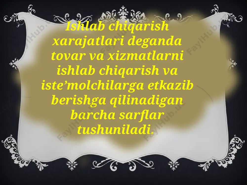 yoki zimmasiga tushuvchi xarajat deb ataladi. iqtisodiy xarajatlar mikrodarajadagi iqtisodiy ko‘rsatkichlardan biri bo‘lib, korxona (firma) miqyosida muayyan turdagi mahsulot ishlab chiqarish yoki xizmat ko‘rsatishning samaradorlik darajasini ifodalashda muhim ahamiyat kasb etadi. marjinalistik sarf-xarajatlar nazariyasi bo‘yicha korxona ishlab chiqarish jarayonida foydalaniladigan resurslar o‘z resurslari yoki jalb qilingan resurslar bo‘lishi mumkin. shunga ko‘ra xarajatlar ichki yoki tashqi xarajatlarga bo‘linadi tashqi xarajatlar korxona tomonidan uchun zarur resurs va xizmatlarni tashqaridan to‘lov asosida jalb etishi natijasida vujudga keladigan xarajatlardir. korxonaning o‘ziga tegishli bo‘lgan resurslardan foydalanishi bilan bog‘liq xarajatlar ichki xarajatlar deyiladi. tashqi xarajatlar: ishchi kuchiga sarflar xom ashyo xarajatlari yonilg’i energiyaga xarajatlar transport-aloqa xizmatlariga xarajatlar bank xizmatlari uchun sarf-xarajatlar ichki xarajatlar: bino-inshoot amortizatsiyasi mashina-uskuna amortizatsiyasi ijara haqi qarz pul mablag’lari va uning uchun foizlar me'yordagi foyda shu bilan birga tadbirkorlik faoliyatini ushlab turish uchun zarur bo‘lgan to‘lov – normal (me’yordagi) foyda ham renta va ish haqi bilan birga xarajatlarning tarkibiy qismi hisoblanadi. normal foyda …