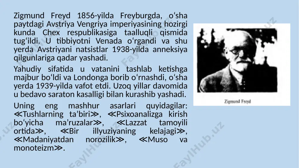 impulsiv qiziqishlar mavjud (hayot instinkti eros va o‘lim instinkti tanatos) va psixik rivojlanishni energetik asosini tashkil etadi. men (ego) shaxsni ratsional va anglanuvchi qism. u biologik yetilishga ko‘ra, hayotning 12 va 36 oylari orasida yuzaga keladi va reallik prinsipi bilan boshqariladi. egoning vazifasi sodir bo‘layotganlarni tushuntirish va insonning xulqini shunday tuzish kerakki, uni instinktiv talablari qondirilishi, jamiyatning va ongning cheklovlari buzilmasligi kerak. egoning hamkorligida individ va sotsium o‘rtasidagi nizo hayot mobaynida sustlashishi kerak. oliy men (super ego) shaxsning tuzilmaviy tarkibi sifatida eng oxirida 3—6 yoshlar orasida shakllanadi. super ego insonning moslashishini ifodalaydi va bu jamiyatda qabul qilingan normalarga amal qilishini qattiq nazoratga oladi. id va super ego tarafidagi an’analar odatda nizoli xarakterga ega bolib, bu xavotirlanish, asabiylashishni keltirib chiqaradi. bunga javoban ego bir qator himoya mexanizmlarini yaratadi va qo‘llaydi. ular siqib chiqarish, ratsionallashtirish, sublimatsiya, proeksiya, regressiya va boshqalar. himoya mexanizmi atamasi 1894-yilda dastlab z.freyd tomonidan fanga kiritildi. keyinchalik mazkur sohadagi …