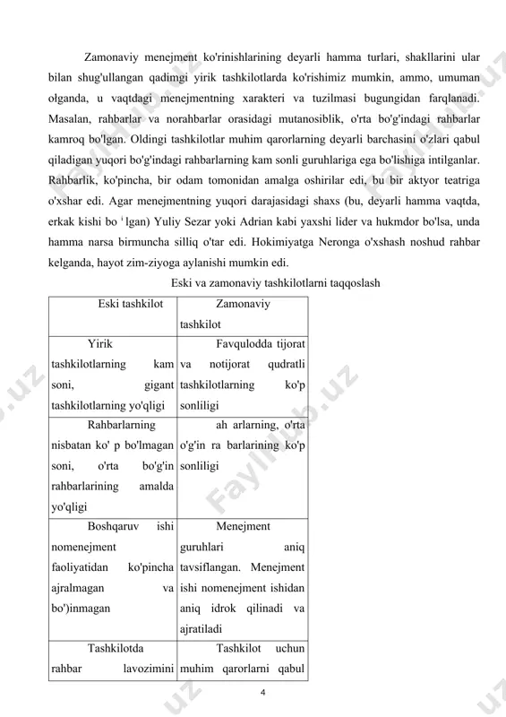 zilma: papa, kardinal, arxiyepiskop, yepiskop va prixodskoy svyashennik. bu xristianlik asoschilari tomonidan belgilab berilgan tuzilma hozirgi paytda ham muvaffaqiyatli ravishda ishlab turibdi va bugun paydo bo'lgan ko'p tashkilotlar tuzilmasiga qaraganda ancha «zamonaviydir». balki bu ayrim amaliy tashkilotlar ham, butun xalqlar ham paydo bo'lib yo'q bo'layotgan bir paytda rim katolik cherkovining ko'p asrlar davomida gullaganining muhim sababi bo'lsa kerak. zamonaviy harbiy tashkilotlar ham ko'p tomonlama qadimgi rim tashkilotlariga juda o'xshaydi. ammo, qadimdagi boshqaruv va tashkilotlar zamonaviylaridan sezilarli darajada farq qiladi. garchi tashkilotlar, dunyo qancha mavjud bo'lsa, deyarli shuncha mavjud bo'lsa-da, xali hech kim xx asrgacha tashkilotlarni qanday qilib tartibli ravishda boshqarish ustida o'ylab ko'rmaganga o'xshaydi. insonlarni tashkilotlarni boshqarish emas, balki ulardan foydalanib, ko'proq mablag' orttirish, kuchli siyosiy hukmronlikka ega bo'lish qiziqtirgan. hatto tashkilotni samarali boshqarishdan kelib chiqadigan pragmatik ko'rinishdagi manfaat ham menejment usullariga va vositalariga astoydil qiziqish uyg'ota olmagan. xx asr boshlarida robert ouen ko'p vaqtini boshqa insonlar yordamida tashkilot maqsadlariga …