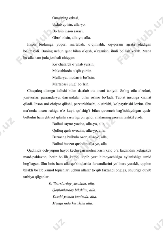 m olib bo`lgach, norasidani beshikdan olayotganda aytiladigan qo`shiq ham nihoyatda muxtasar aytilgan. alloh beshikdagi chaqaloqqa xotirjamlikni ato etganligini, shu sababli hech qanday sharpa-dushman uning uyqusini buza olmasligini quyidagi to`rtlikdan bilib olish qiyin emas: taqa-tuqi gavora bo`lsin, dushmani ovora bo`lsin. uyqusi beshikda qolsin, dushmani eshikda qolsin. xalqda chaqaloq uchun xavfli kunlar ham borligi alohida qo`shiqlarda ta’kidlanadi. to`qqiz kunlik bo`ldimi, tamom, u yashab qolishi, endilikda xavf-xatardan butunlay xoli bo`lib olganligi, do`st ustiga do`st orttirib shu xonadonning haqiqiy a’zosiga aylanib qolganligi mana bu qo`shiqda to`la-to`kis ifoda etilgan: to`qqizdan o`tdi bu bacha, endilikda o`lmas bu bacha. bog`larning g`o`rasi bu bacha, bolalar jo`rasi bu bacha. shu uyning to`risi bu bacha, shamsu qamaru sitora hamrohi shu bacha. xalq hayotda hech qachon shoshilmaydi, shoshqaloqlikka yo`l ham qo`ymaydi. hamma narsa o`z o`rnida, o`z yo`lida bir me’yorda davom etishini orzu qiladi. bu gapning tasdig`ini o`sha yangi olamga kelgan chaqaloq, u bilan bog`liq bo`lgan rasm-rusum misolida bilib olish mumkin. mana …