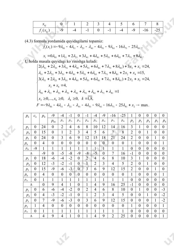 fxxxx =+=+-+- 2 111 ()69 fxxx =-+- 1 [0;8] x î 011121314151617181 0,1,2,3,4,5,6,7,8 xxxxxxxxx ========= 2 111 ()69 fxxx =-+- kj x () jkj fx 110111214151617181 ()94491625 fx llllllll =-------- % 1011121414151617181 012345678 x lllllllll =++++++++ 112131415161718123 112131415161718124 112131415161718125 26 011121314151617181 2 2(2345678)324, 2345678215, 3(2345678)224, 4, 1 xx xx xx xx x llllllll llllllll llllllll lllllllll +++++++++= +++++++++= +++++++++= += ++++++++= 6 01112141516171812 0,...,0,0,1,8, 94491625max. k xk fx l llllllll ì ï ï ï ï í ï ï ï ³³³= ï î =--------+® b p b c 0 p 01 p 11 p 21 p 31 p 41 p 51 p 61 p 71 p 81 p 2 p 3 p 4 p 5 p 6 p 3 p 4 p 5 p 6 p 01 p d 3 p 4 p 5 p 6 p 31 p d 3 p 4 p 5 p 2 p 31 p d …