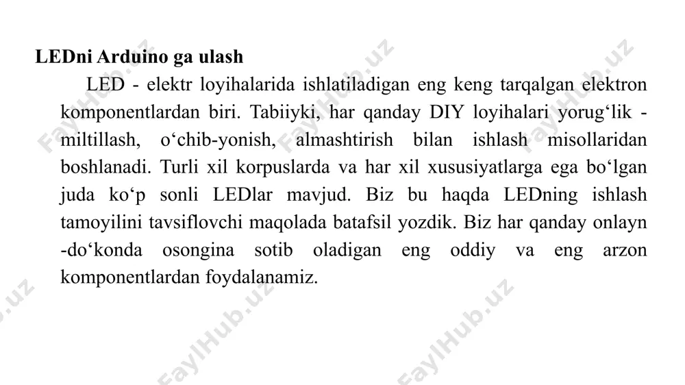 nlarda kerakli quvvat darajasini hosil qiling. masalan, eskizda 5 -pin uchun past signal darajasini qo‘llagan holda, biz bu ulagichda bizga kerak bo‘lgan "minus" ni olamiz. umumiy elektr uzatish liniyalari orqali "plus va minus tomonlarini" tarqatishning ajoyib variantlari bo‘lgan doska panelidan foydalaning. maxsus sensor shield kengaytirish platalaridan foydalaning, ular har bir pin uchun quvvat va yerli alohida pinlarga ega. xuddi shu tarzda, svetofor yoki led tasmasi loyihalarini ishga tushirish orqali siz quyidagi ledlarni ulashingiz mumkin. shuni yodda tutingki, 3 tadan ortiq ledni ulash arduino platasining quvvat moduliga katta yuk beradi. shu sababli, bir vaqtning o‘zida bir nechta ledni uzoq vaqt davomida yoqishni tashkil qilish tavsiya etilmaydi. mustaqil ishlash uchun topshiriqlar: 1. arduino sxemalarini o‘zingiz ulang. 2. arduino ideda mustaqil ravishda bu ish uchun dastur yozing. 3. mayoqni yarim soniya yorug‘lik qilib turing va miltillash orasidagi pauza bir soniyaga tenglashtiring. 4. misol kodini o‘zgartiring, shunda chiroq ishga tushgandan keyin uch soniya davomida …