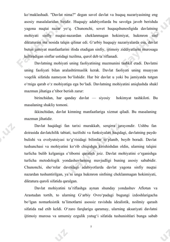 mohiyatini ta’riflashga aynan shunday yondashuv aflotun va arastudan tortib, to ularning g‘arbiy ovro‘padagi bugungi izdoshlarigacha bo‘lgan nomarksistik ta’limotlarni asossiz ravishda idealistik, noilmiy qarash sifatida rad etib keldi. o‘zaro farqlariga qaramay, ularning aksariyati davlatni ijtimoiy murosa va umumiy ezgulik yutug‘i sifatida tushunishlari bunga sabab bo‘lgan. davlatchilik tarixida uni qanday tushunish lozimligini aniqlashni aflotun va arastudan boshlash maqsadga muvofiqdir. ularning tasavvuriga ko‘ra, davlat siyosiy aloqalar vositasida muayyan bir tarzda birlashgan va o‘zaro bog‘liq odamlar jamoasidir. «insonning o‘ziga o‘xshagan va ozod kishilar ustidan hukmronligini o‘rnatuvchi hokimiyat» shu aloqalar asosini tashkil etadi, deb hisoblardi ular. davlat umumiy qiyofasini yagona fuqarolik jamoasi, siyosiy uyushma sifatida tushunish ovro‘pa huquqshunoslik fanida uzoq vaqt mustaxkam o‘rin egallab keldi. umuman, bu borada aflotun va arastu izdoshlari ko‘pchilikni tashkil etadi. ular orasidan eng buyuklari - g.grotsiy, j.lokk va i.kantlar nomini keltiramiz. «urush va tinchlik huquqi to‘g‘risida»gi asarida g.grotsiy davlatni «huquqqa rioya etish va umum manfaati yo‘lida tuzilgan erkin kishilarning mukammal …