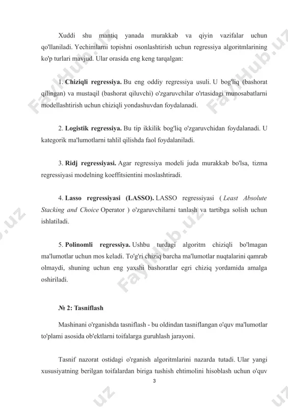 iflash mashinani o'rganishda tasniflash - bu oldindan tasniflangan o'quv ma'lumotlar to'plami asosida ob'ektlarni toifalarga guruhlash jarayoni. tasnif nazorat ostidagi o'rganish algoritmlarini nazarda tutadi. ular yangi xususiyatning berilgan toifalardan biriga tushish ehtimolini hisoblash uchun o'quv ma'lumotlarini toifalashdan foydalanadilar. tasniflash algoritmlarining taniqli misoli kiruvchi xatlarni spam yoki spam emas deb saralashdir . tasniflash algoritmlarining har xil turlari mavjud. yuqori 4 tani ko'rib chiqing: 1. k-eng yaqin qo'shnilar (knn). bu berilgan maʼlumotlar toʻplamidagi eng yaqin k nuqtani topish uchun oʻquv maʼlumotlar toʻplamidan foydalanadigan algoritm. 2. qarorlar daraxti. uni blok-sxema sifatida ko'rsatish mumkin, bunda har bir ma'lumot nuqtasi o'z navbatida ikkita kichik to'plamga bo'linadi, so'ngra ularning har biri yana ikkitaga bo'linadi va hokazo. 3. naive bayes. shartli ehtimollik teoremasidan foydalanib, algoritm ob'ektning ma'lum bir toifaga kirish imkoniyatini hisoblab chiqadi. 4. yordam vektor mashinasi. ushbu algoritmda ma'lumotlar x/y prognozidan tashqarida bo'lishi mumkin bo'lgan qutblanish darajasiga ko'ra tasniflanadi. № 3: ansambling ansambllar - bu aniqroq natijalarni …
