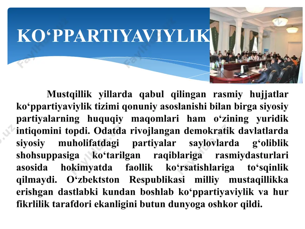 elg’ va boshqa olimlar tomonidan salbiy baxolangan edi. xususan, aristotelg’ qadimgi gretsiyadagi uch asosiy siyosiy partiya — dengiz soxilida, tekislikda va tog’li xududlarda istiqomat qiluvchi fuqarolar o’rtasidagi mavjud kurash, o’zaro raqobat xaqida yozib, bu partiyalar ijtimoiy yaxlitlik va davlat birligiga raxna solishi mumkin, deya qayd etgan edi. qadimgi rimda „partiya" tushunchasi asosan u yoki bu imperator (masalan, tsezarg’ yoki sula) siyosatini qo’llab-quvvatlovchi guruxni ifodalash uchun ishlatilganligi tarixdan ma’lum. o’rta asrlardagi siyosiy partiyalar jamiyatda ziddiyatlar kuchayganda, feodallar va boshqa sinflar o’rtasida yuzaga kelgan ijtimoiy kelishmovchiliklar sharoitida vujudga kelgan. dastlabki partiyalar muxolifat nima? darhaqiqat, «muxolifat» deganda biz nimani tushunamiz? arabcha «muxolifat» - «kelishmovchilik», «teskarilashish», «qarama-qarshilik», «ziddiyat» kabi ma'nolarni anglatadi. muxolifat turli ko‘rinishlarda sodir bo‘lishi mumkin: a) parlament doirasidagi muxolifat; b) parlament doirasidan tashqaridagi muxolifat; d) siyosiy partiyalar saflaridagi o‘zaro ichki partiyaviy muxolifatlar. muxolifat nima? ommaviy siyosiy partiyalarning vujudga kelishi va siyosiy mavqeining kuchayib borishida xix asrning ikkinchi yarmida yevropa mamlakatlarida umumiy saylov …