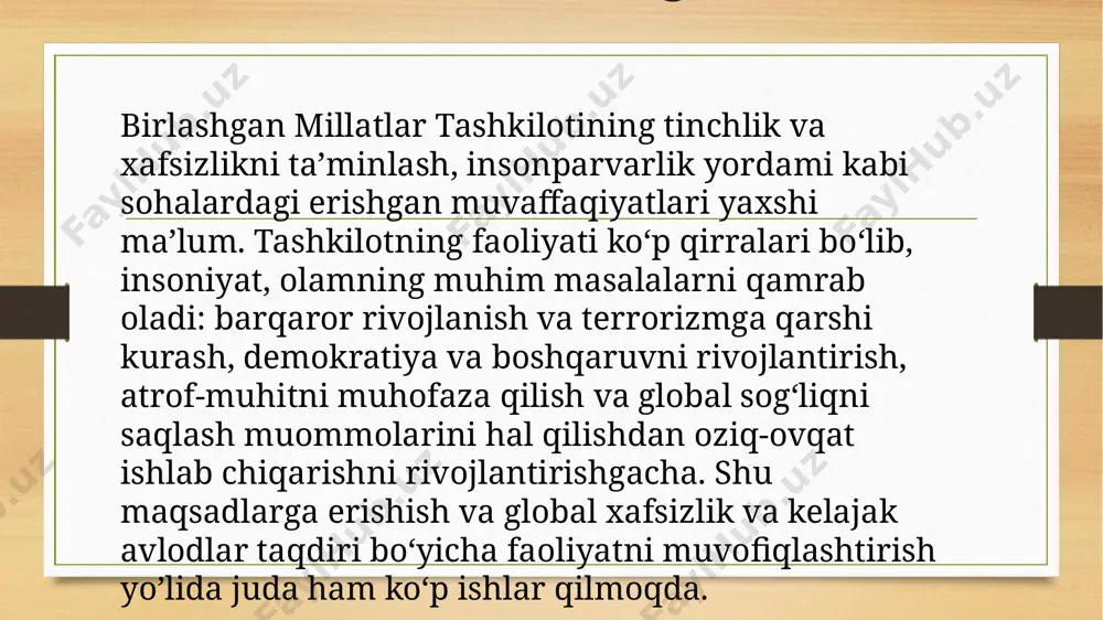 alardagi erishgan muvaffaqiyatlari yaxshi ma’lum. tashkilotning faoliyati ko‘p qirralari bo‘lib, insoniyat, olamning muhim masalalarni qamrab oladi: barqaror rivojlanish va terrorizmga qarshi kurash, demokratiya va boshqaruvni rivojlantirish, atrof-muhitni muhofaza qilish va global sog‘liqni saqlash muommolarini hal qilishdan oziq-ovqat ishlab chiqarishni rivojlantirishgacha. shu maqsadlarga erishish va global xafsizlik va kelajak avlodlar taqdiri bo‘yicha faoliyatni muvofiqlashtirish yo’lida juda ham ko‘p ishlar qilmoqda. birlashgan millatlar tashkilotining tinchlik va xafsizlikni ta’minlash, insonparvarlik yordami kabi sohalardagi erishgan muvaffaqiyatlari yaxshi ma’lum. tashkilotning faoliyati ko‘p qirralari bo‘lib, insoniyat, olamning muhim masalalarni qamrab oladi: barqaror rivojlanish va terrorizmga qarshi kurash, demokratiya va boshqaruvni rivojlantirish, atrof-muhitni muhofaza qilish va global sog‘liqni saqlash muommolarini hal qilishdan oziq-ovqat ishlab chiqarishni rivojlantirishgacha. shu maqsadlarga erishish va global xafsizlik va kelajak avlodlar taqdiri bo‘yicha faoliyatni muvofiqlashtirish yo’lida juda ham ko‘p ishlar qilmoqda. bmt islohoti nima? islohot ob’ektning tabiiy, bosqichma-bosqich, tarkibiy va tubdan o‘zgarishidir. shunga asoslanib, bmt islohoti tashkilotning hozirgi davrdagi taraqqiyotga moslashuvidir. dekolonizatsiya jarayoni …