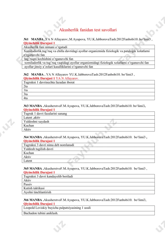 qiyinchilik darajasi 1 tugruk 1 davri fazalarini sanang latent ,aktiv yuldoshni xaydash kuchan aktiv №4 manba .akusherstvof.m.ayupova, yu.k.jabborovatash:2012fanbobi10. bo‘limi3 , qiyinchilik darajasi 1 tugrukni 3 davri nima deb nomlanadi yuldosh tugilish davri kuchan aktiv latent №5 manba .akusherstvof.m.ayupova, yu.k.jabborovatash:2012fanbobi10. bo‘limi3 , qiyinchilik darajasi 1 tugrukni 3 davri kandayolib boriladi aktiv passiv kutish taktikasi ayolni tinchlantirish №6 manba .akusherstvof.m.ayupova, yu.k.jabborovatash:2012fanbobi10. bo‘limi3, qiyinchilik darajasi 1 leopold leviskiy buyicha palpatsiyasining 1 usuli bachadon tubini aniklash. xomila kismlarini aniklash xomila kelayotgan kismini aniklash kelayotgan kismi chanokka sukilgan sukilmaganini aniklash № 7 manba . akusherstvof.m.ayupova, yu.k.jabborovatash:2012fanbobi10. bo‘limi3 , qiyinchilik darajasi 1 leopold leviskiy buyicha palpatsiyasining 2 usuli xomila kismlarini aniklash. bachadon tubini aniklash xomila kelayotgan kismini aniklash kelayotgan kismi chanokka sukilgan sukilmaganini aniklash №8 manba .akusherstvof.m.ayupova, yu.k.jabborovatash:2012fanbobi10. bo‘limi3 , qiyinchilik darajasi 1 leopoldleviskiybuyichapalpatsiyasining 3usuli xomila kelayotgan kisminianiklash bachadon tubini aniklash xomila kismlarini aniklash kelayotgan kismi chanokka sukilgan sukilmaganini aniklash №9 manba .akusherstvof.m.ayupova, yu.k.jabborovatash:2012fanbobi5. bo‘limi 1 …