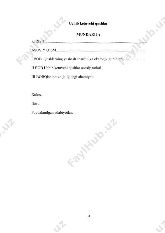 a, hatto ikkita bo’ladi (afrika tuyaqushi). tana qoplami. qushlar tеrisi yupqa va quruq bo’lib, tеri bеzlari bo’lmaydi. faqat suvda yashovchi qushlarning dumi asosida maxsus quymich bеzi bor. bu bеzning yog’simon suyuqligini qushlar patlariga surib turadi. suyuqlik patlarga suv yuqtirmaydi. patlar-tеri epidеrmisidan kеlib chiqqan muguz modda - kеratindan iborat. alohida pat qalam uchi (patning tеriga botib kirgan uchi), pat o’qi va pat yеlpig’ichidan iborat. pat o’qi ichi g’ovak tig’iz muguz dеvorli nay shaklida bo’ladi (80-rasm). pat yеlpig’ichi pat o’qining ikki yonidan chiqadigan 1- tartib o’siqchalardan iborat. bu o’siqchalardan o’z navbatida kalta 2- tartib o’siqchalar chiqadi. ularda mayda ilmoqchalar bo’ladi. ilmoqchalar o’zaro ilashib. yelpig’ich yuzasini hosil qiladi. patlar tuzilishi va funktsiyasiga ko’ra kontur patlar, momiq patlar, parlar, ipsimon patlar, qillarga ajratiladi (81-rasm). qanotlarning ko’tarilish yuzasini hosil qiladigan yirik patlar qoqish patlari dеyiladi. bu patlar yеlpig’ichining asosi kеngaygan, uchki qismi ingichkalashgan bo’ladi. patning bunday tuzilishi qush qanotini ko’targanida patlar orasidan havoni o’tishiga imkon …