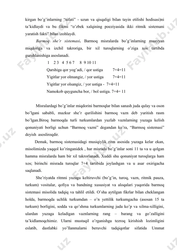 sistemasi. bu sistema arab olimi xalil ibn ahmad (melodiy 790-791 yilda tug’ilgan) tomonidan yaratilgan. aruz, ayniqsa, o’zbek mumtoz adabiyotida (o’n-o’n ikki asr) yetakchilik qildi. “ilmi aruz” alisher navoiy (“mezonul avzon”) mirzo bobur (“muxtasar”) tomonidan ham o’rganildi; turkiy she’riyatdagi aruzning nazariy asoslarini, qonun va qoidalarini ishlab chiqdilar. hozirgi zamon o’zbek “aruziylari ” – a. fitrat ham, i. sulton ham, u. to’ychiyev ham, a. hojiahmedov ham, a. abdurahmonov ham aruzni o’rganishga, o’rgatishga katta kuch sarf etdilar. 1 ana shu asarlarga suyangan holda aruzni jadvallar asosida o’rganishni lozim ko’rdik, chunki “har qanday ilmning vazifasi inson mushkulini battar qilish emas, balki osonlashtirishdir” (adabiyot nazariyasi, ii tom, 1979, 349 - b. ). ma’lumki, aruziylar so’zlarini bo’g’inlarga emas, balki harflarga bo’ladilar. harflar ikki xil mutaharrik (harakatli) va sokin (harakatsiz). cho’zg’ilar (unlilar) – o, a, u, i “harakat ” deb ataladi. ana shu unlilarning biri bilan birikib kelgan har bir harf – mutaharrikdir. qolgan harflar – b, …