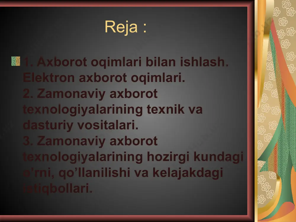 imlarini uzatadilar. telefaks tarmog’i orqali qog’ozdagi xabarlar keladi. lokal yoki global tarmoq vositalari orqali elektron xabarlar kompyuterga modem yordamida kiritiladiyoki chiqariladi. ofisda kompyuterlar axborot oqimlariga ishlov berib, birlashtirish vazifalarini bajaradi. elektron pochta kompyuterlar yordamida olingan korrespondensiyani yuborish va ishlov berishda elektron usullarni ishlatadi. u orqali xujjatlar, jadvallar, grafiklar, chizmalar, rasm va fotografiyalar, ro’znoma og’zaki xabarlar olish mumkin. elektron pochta–bu qog’ozsiz pochta, u telefon tarmog’i bilan kompyuterga ulangan. elektron pochta-pochta, telegraf, faksimil aloqa imkoniyatlaring bir qismini o’ziga olib, o’zining tezkorligi tufayli yangi axborot xizmatlarini taklif etadi. «teleks» - axborot tizimi axborotning ulkan oqimlarini щar xil abonentga avtomatik ravishda tayyorlash va uzatish imkonini beradi. matn tayyorlashning bu tizimida yuqori sifatli displeylar bilan jixozlangan terminallar yordamida uzatilayotgan axborot massivi kompyuter xotirasida saqlanib qoladi. keyin maxsus ma’lumotlarni uzatish apparatlari yordamida tayyorlangan massiv abonentga jo’natiladi yoki undan qabul qilinadi. televideniye xayotga uzokdan kurish sifatida kirib keldi va ommaviy xodisaga aylanib koldi. dunyoda 4 mlrd.dan ortik …