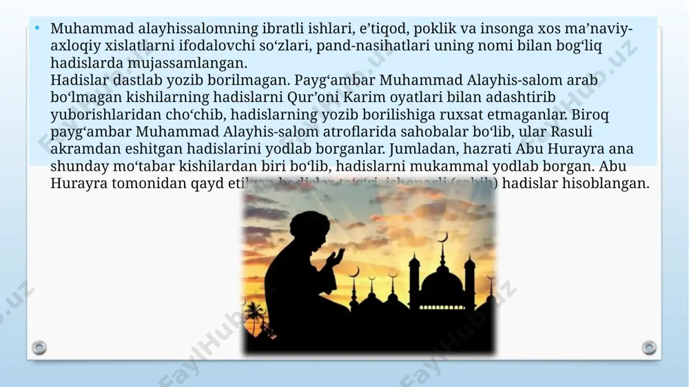 an yoddan o‘qib berdi. shundan keyin biz yozib olgan hadislarimizdagi xatolarni uning yodlaganlaridan tuzatib oladigan bo‘ldik imom ismoil al-buxoriy juda ko‘p zabardast olimlardan ta’lim oladi. manbalarda alloma ustozlarining soni to‘qson nafarga yaqin bo‘lgan deb ko‘rsatiladi. muhammad ibn yusuf al-g‘artobiy, ubaydulla ibn musa al-abasiy, abu bakr abdulla ibn az-zubayr al-hamiydiy, ishoq ibn ibrohim ar-rahavayh, imom ahmad ibn hanbal, ali al-madiniy kabi olimlar uning ustozlari sanaladilar. imom ismoil al-buxoriyning o‘zi ham yirik va mashhur olimlar ishoq ibn muhammad al-ramoziy, abdulloh ibn muhammad al-masnadiy, muhammad ibn xalaf ibn qutayba, ibrohim al-harbiy, muhammad iso at-termiziy, muhammad ibn nasr al-marvaziy, muslim ibn al-hajjojlarga ustozlik qilgan. imom ismoil al-buxoriy o‘ta kamtar, insonparvar, xulq-odobda tengsiz, sahovatli inson ham bo‘lgan. u hadis ilmining yetuk olimi sanalsada, zamondoshlari hamda shogirdlaridan ham ilm o‘rgangan. alloma bir ming sakson nafar muhaddisdan hadis eshitgan. allomaning o‘zidan esa to‘qson ming nafar kishi ishonarli hadislarini eshitgan. ma’lumotlarga ko‘ra, imom ismoil al-buxoriy 600 mingga yaqin …
